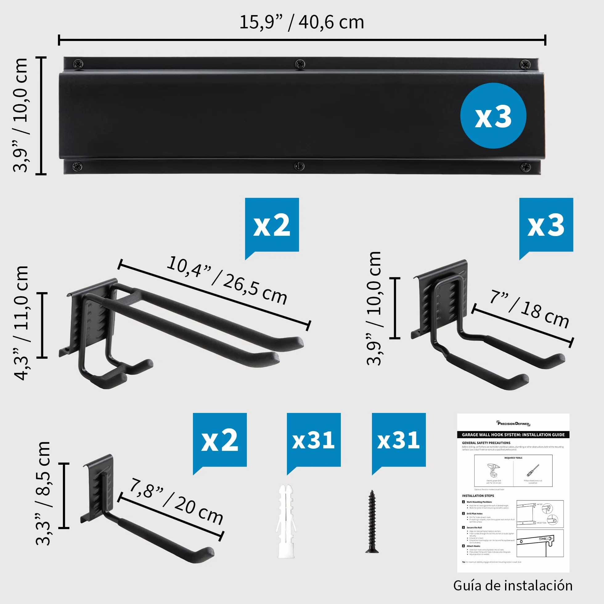 Precision Defined Almacenamiento de garaje, organización de garaje, organizador de herramientas de jardín de montaje en pared, ganchos ajustables de metal resistente, sistema de colgador de patio