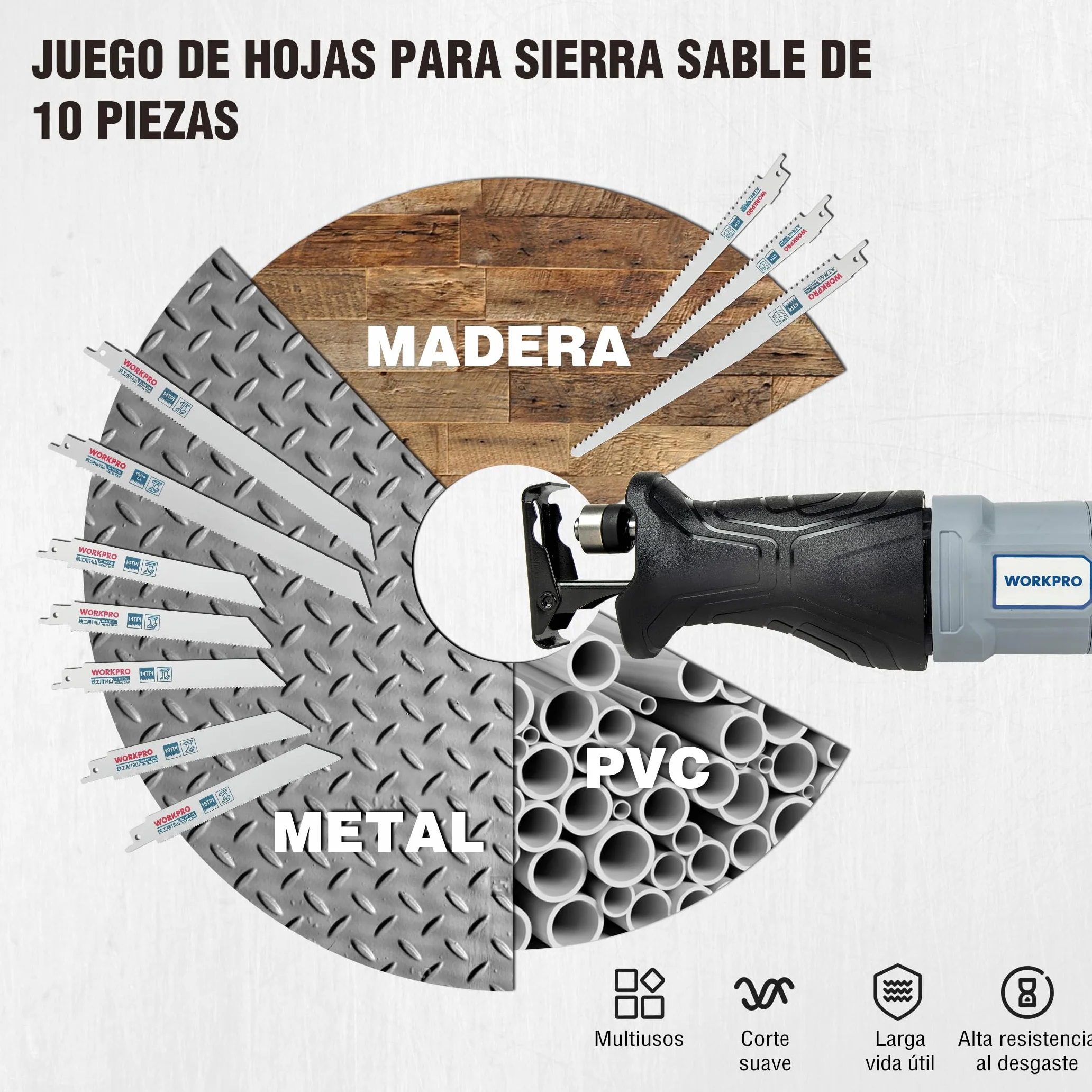 WORKPRO Hojas de Sierra Sable 10 piezas, Cuchillas para Madera y Metal, 150mm 230mm, 6/10/14/18 TPI, con Caja Plástica