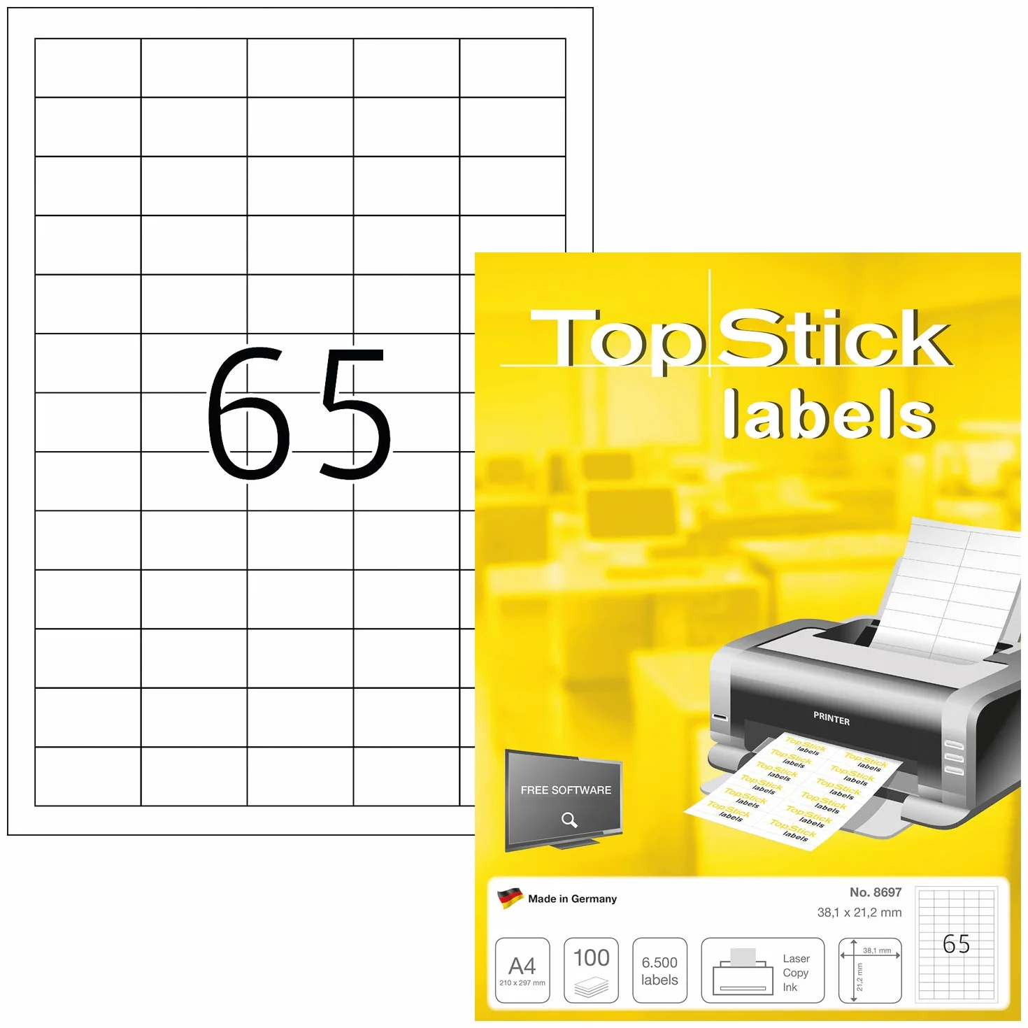 TopStick Etiquetas autoadhesivas universales A4 38,1 x 21,2 mm 100 hojas 6500 etiquetas para impresoras inkjet y láser