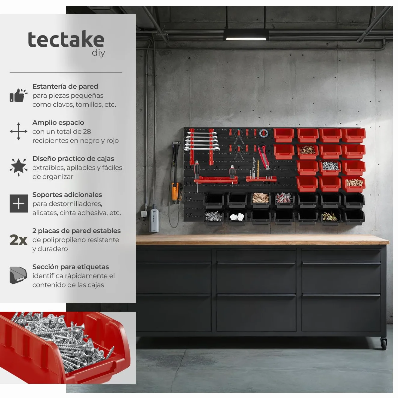 tectake® Organizador de Herramientas con Panel Herramientas Pared y Organizador de Tornillos para Taller Bricolaje, Estantería con Cajas para Tornillos - 1 Estantería