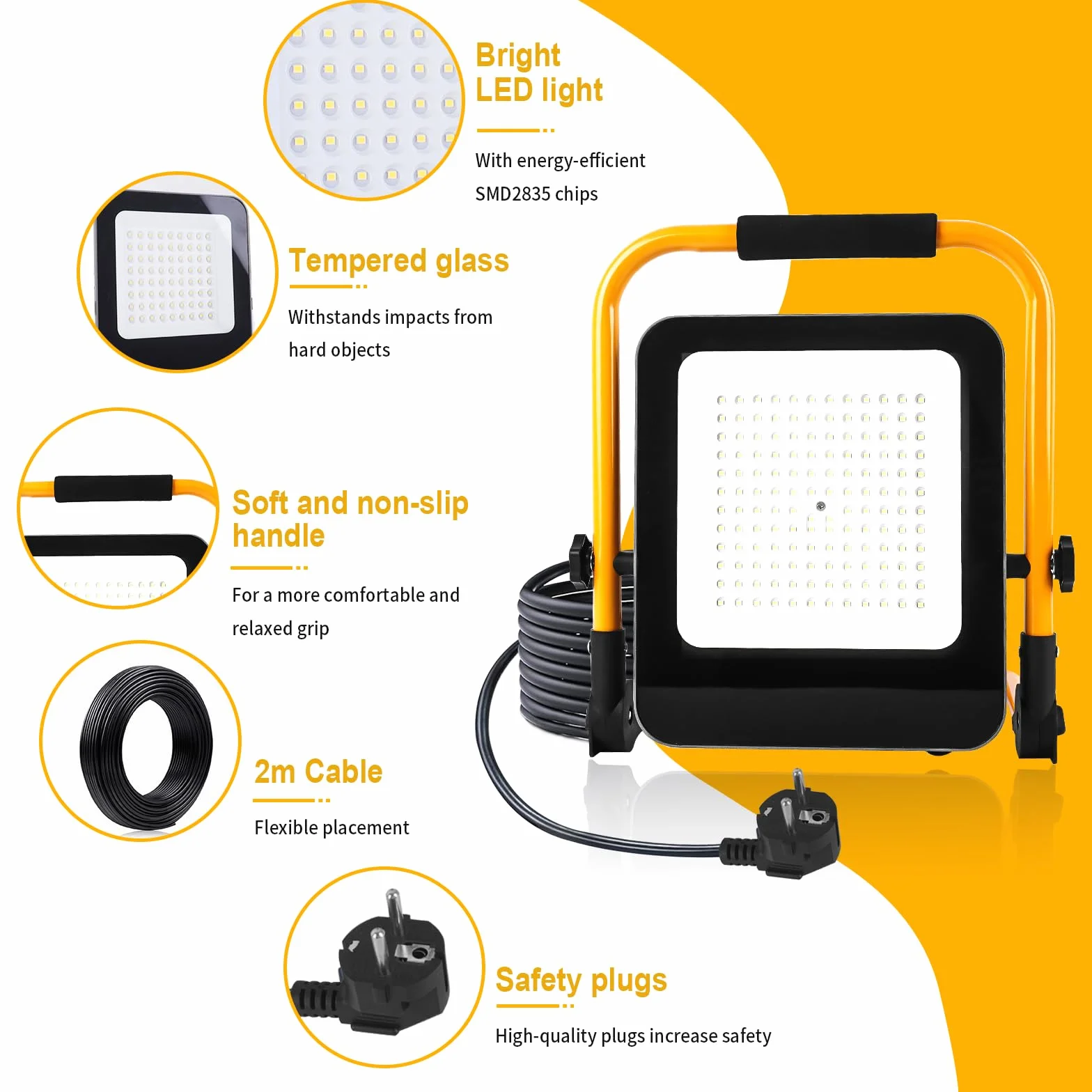 Foco de Trabajo LED 50W 6000K con Enchufe Europeo Portátil para Obra