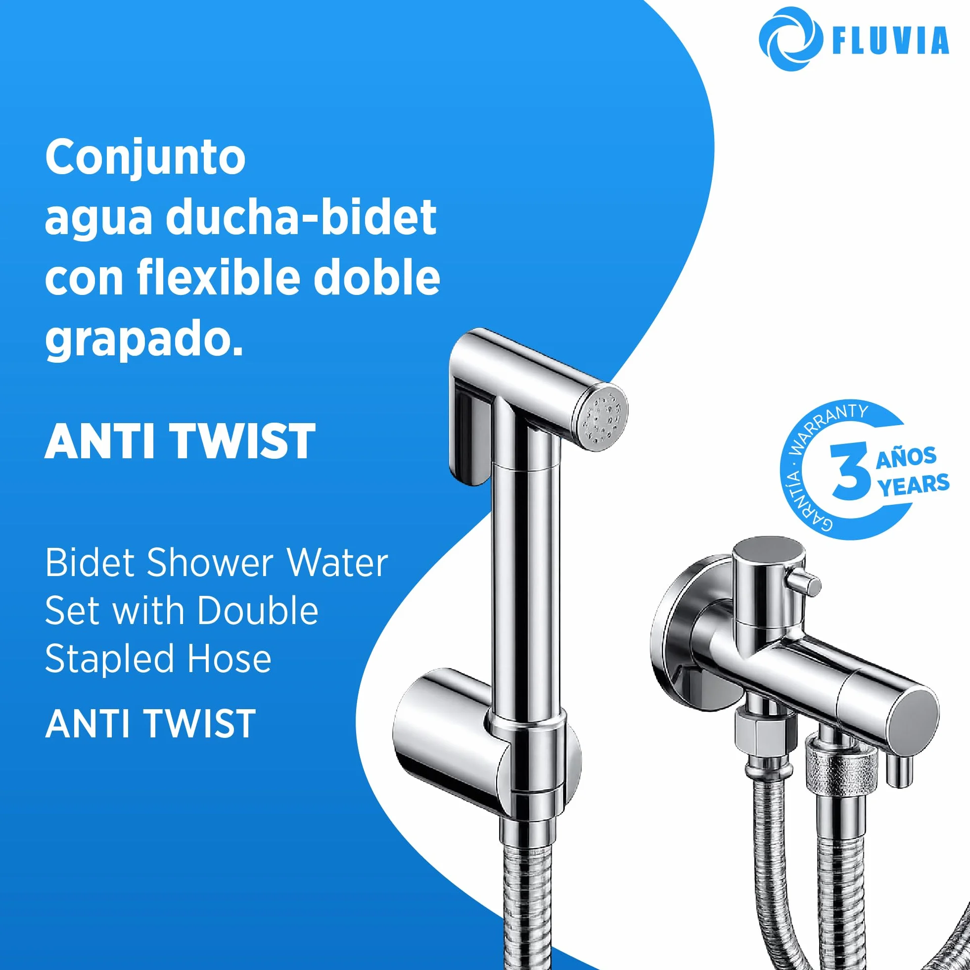 Grifo Ducha WC Fluvia – Ducha Higiénica para Inodoro con Bidé de Mano – Latón Cromado – Flexible Anti-Twist – Soporte y Llave de Escuadra – Garantía 3 Años