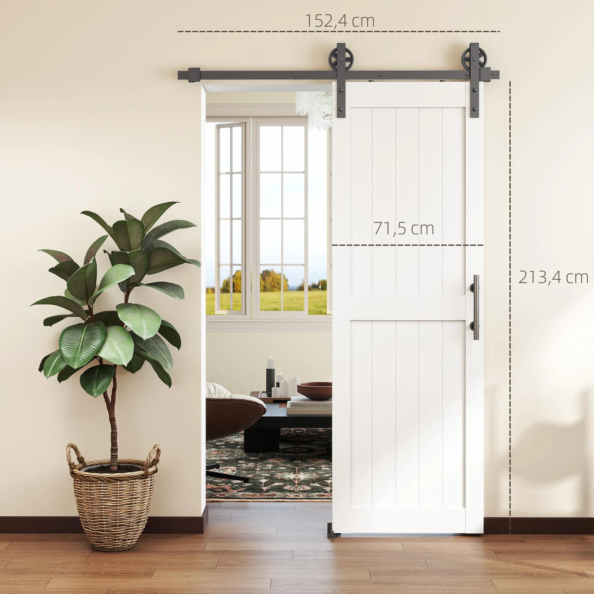HOMCOM Puerta Corredera de Granero con Herrajes 71,5x213,4 cm Puerta Corredera de Interior con Manija Rodillo y Guía de Suelo Mejorados para Baño Salón Sala de Estar Blanco