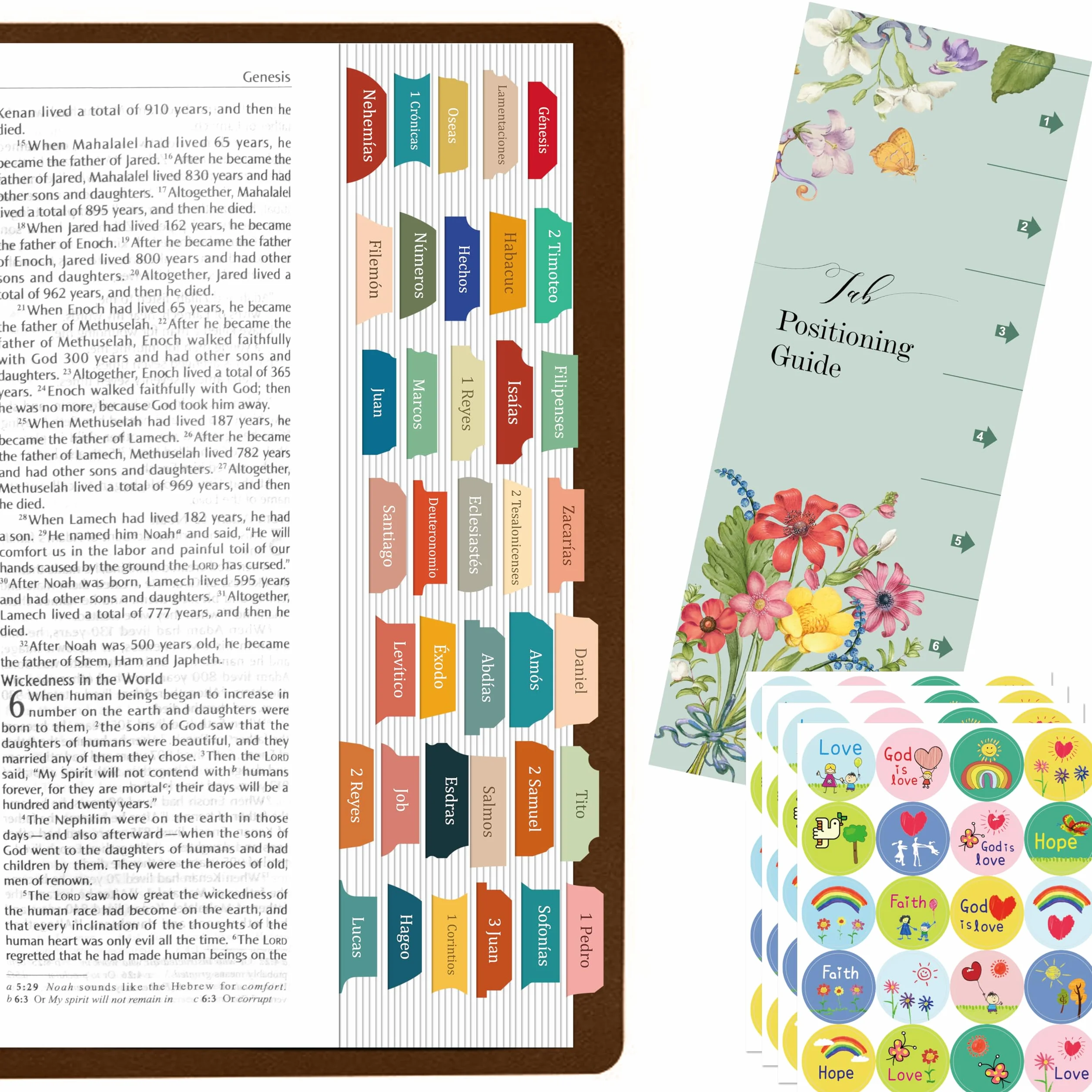 Pestañas de Índice de la Biblia en Español, Juego de Pestañas Laminadas, 80 Stickers Autoadhesivas con Guía de Alineación