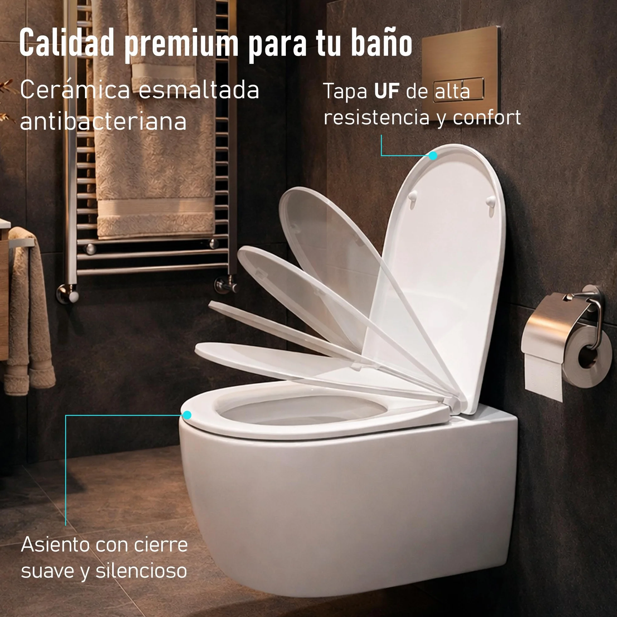 WC Inodoro de Cerámica Suspendido | 530x365x365 mm | Váter con Sistema Rimless Antibacterias, Tapa Dura Extrafina UF Amortiguada y Ahorro de Agua (Blanco)