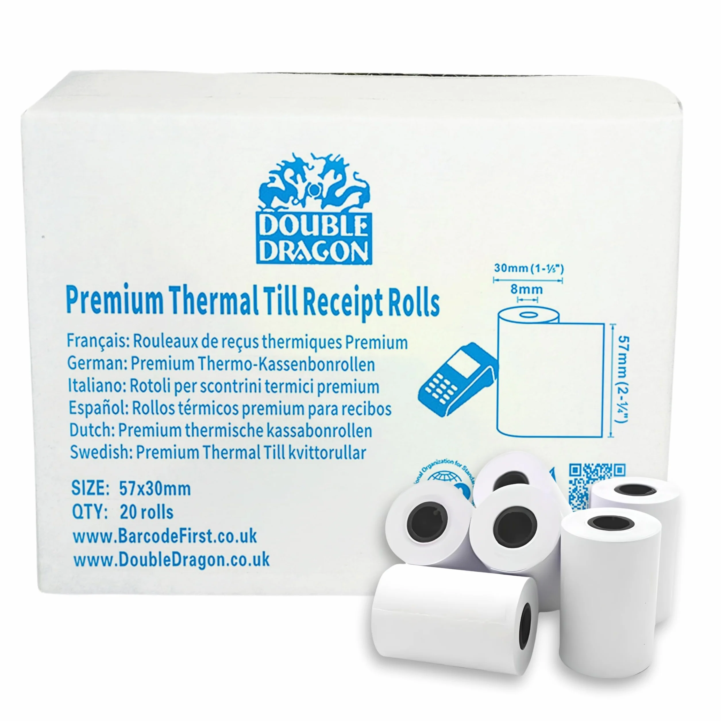 Rollos de Papel Térmico Double Dragon 57 x 30 mm para Recibos PDQ | Libre de BPA | Compatible con Impresoras SumUp, Ingenico, PayZone, Verifone, Clover, Terminales Zettle – 20 Rollos