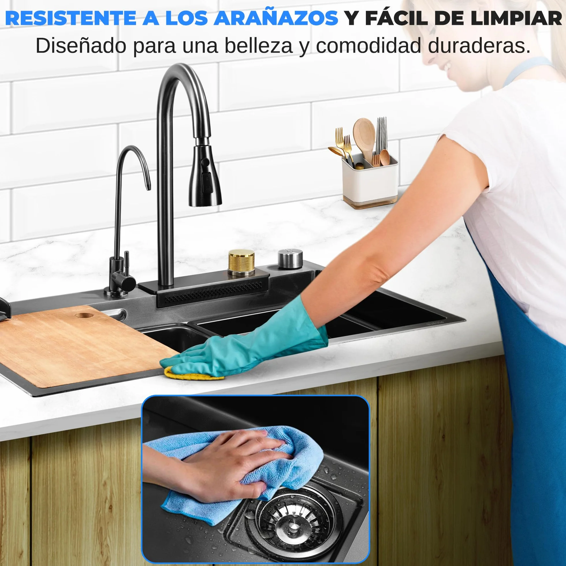 Serenelife fregadero cocina, Con grifo, Rejilla de drenaje, Canasta coladora, Tavla de cortar, Lavavasos, Acero inoxidable, Instalacion bajo o sobre encimera