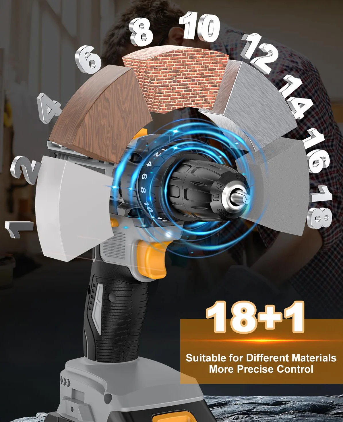 Taladro Atornillador Batería, LEEIKOO Atornillador Electrico 21V, 42N.m con 2 Baterías 2.0Ah, 18+1 Ajuste de Par, 2 Velocidad, LED Luz, 14 Accesorios Para Hogar, Bricolaje, Gris