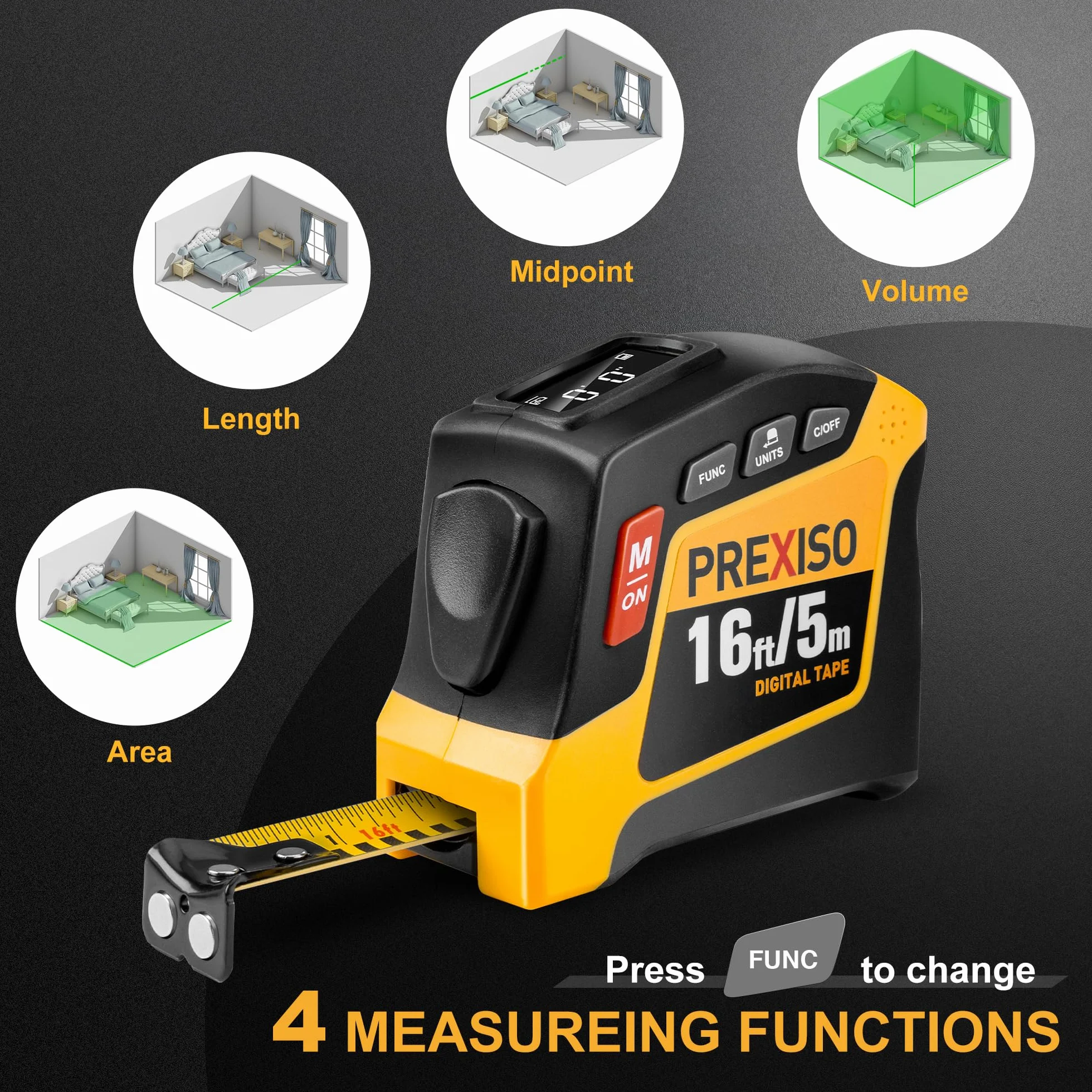 PREXISO Cinta métrica digital 2 en 1 – Cinta métrica recargable de 16 pies + pulgadas / M/CM/MM - Herramienta de cinta métrica y retráctil en pulgadas con bloqueo automático y punta magnética