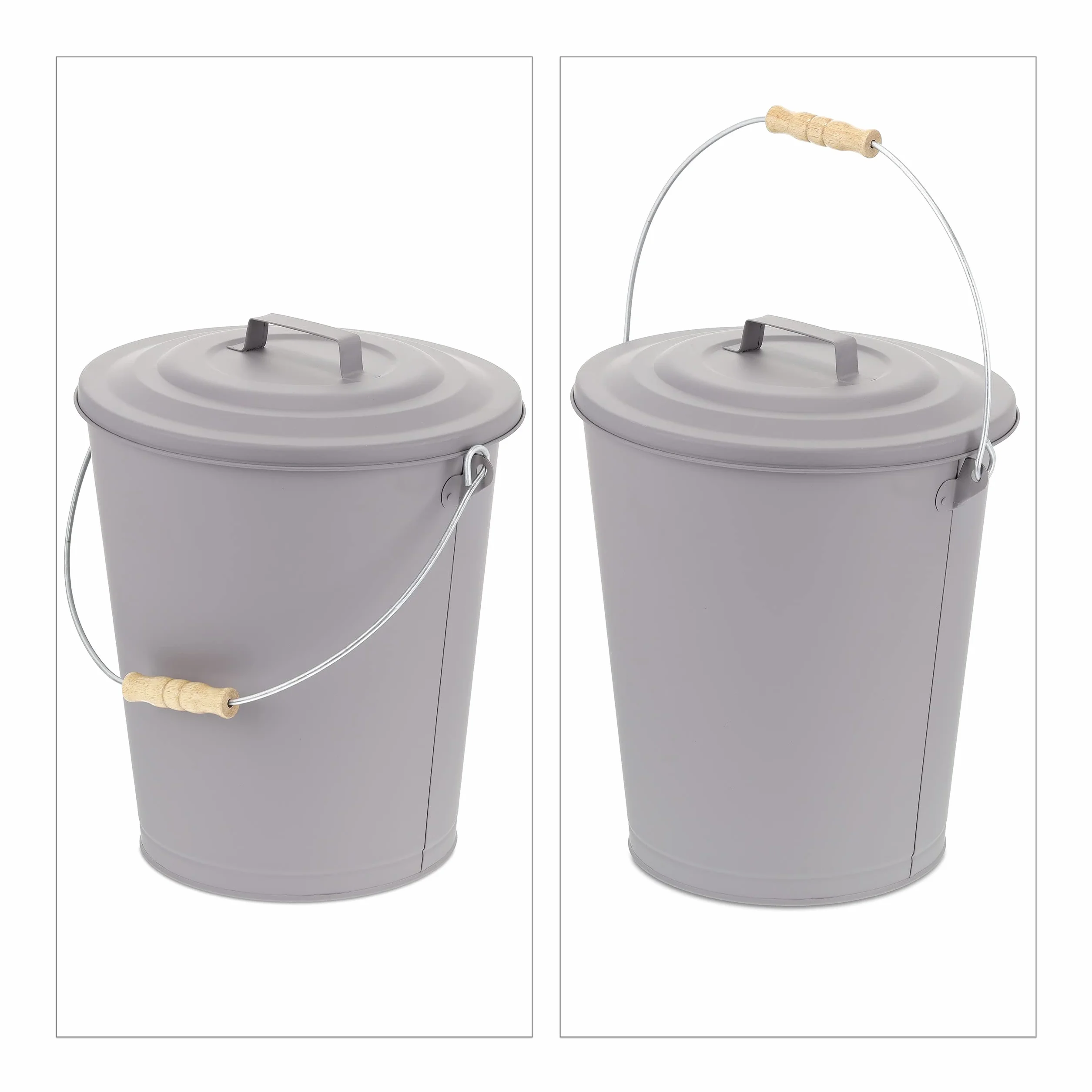 Relaxdays Cubo Cenizas con Tapa, 24 litros, Accesorio Chimenea, BBQ, Acero y Madera, Contenedor Ceniza con Asa, Gris