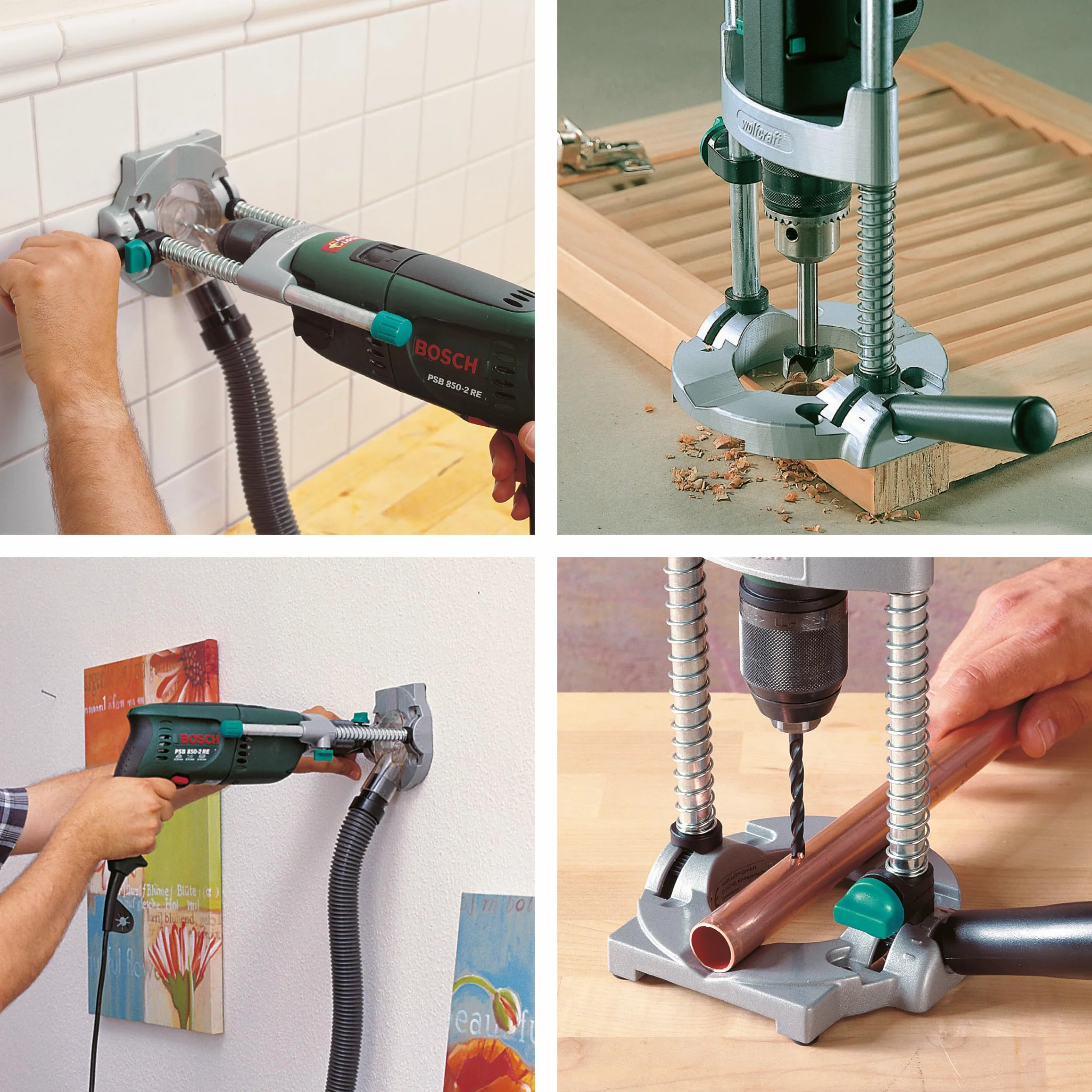 wolfcraft Guía móvil para taladro tecmobil I 4522000 I Perfecto para taladrar con ángulos exactos en todas las posiciones, en pared, en superficies inclinadas, en material redondo, listones y perfiles