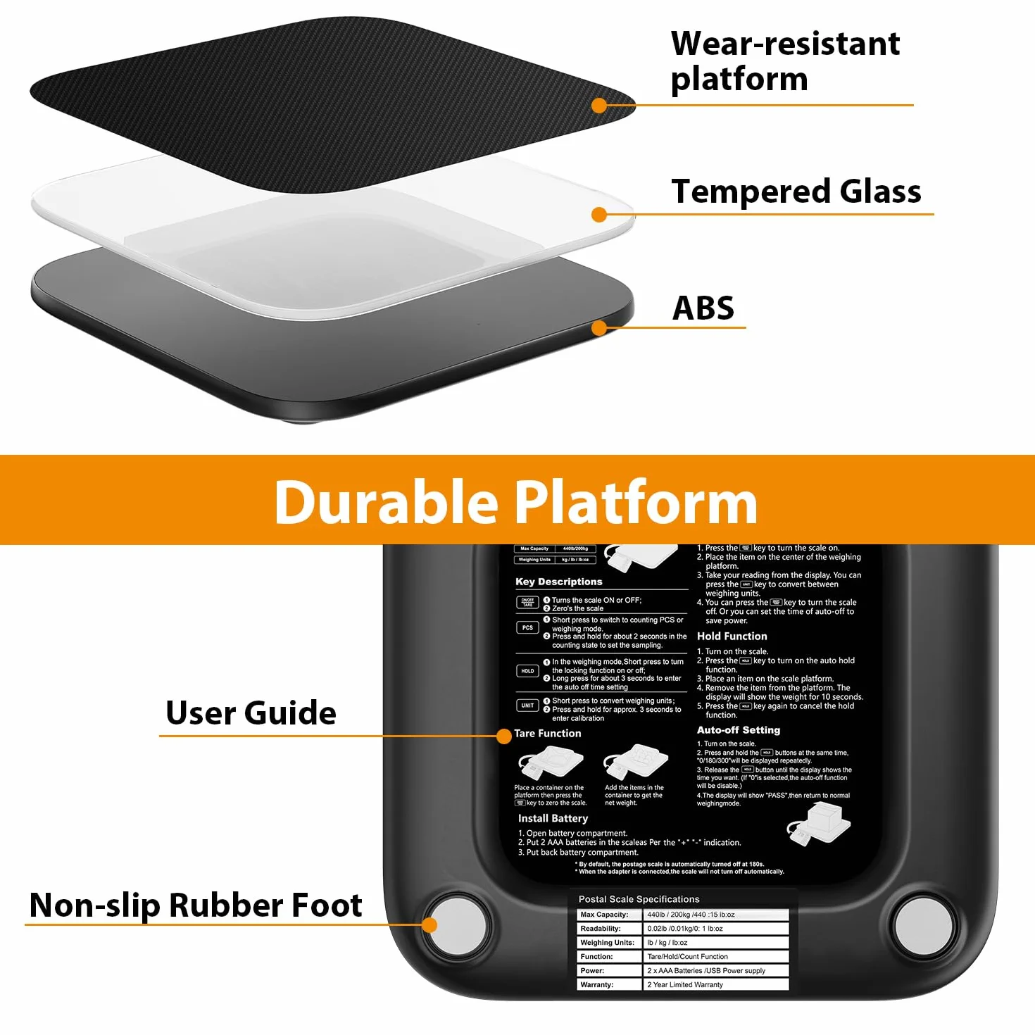 GRAM PRES Báscula de envíos digital 200 kg/10 g pantalla LCD retención tara piezas batería USB