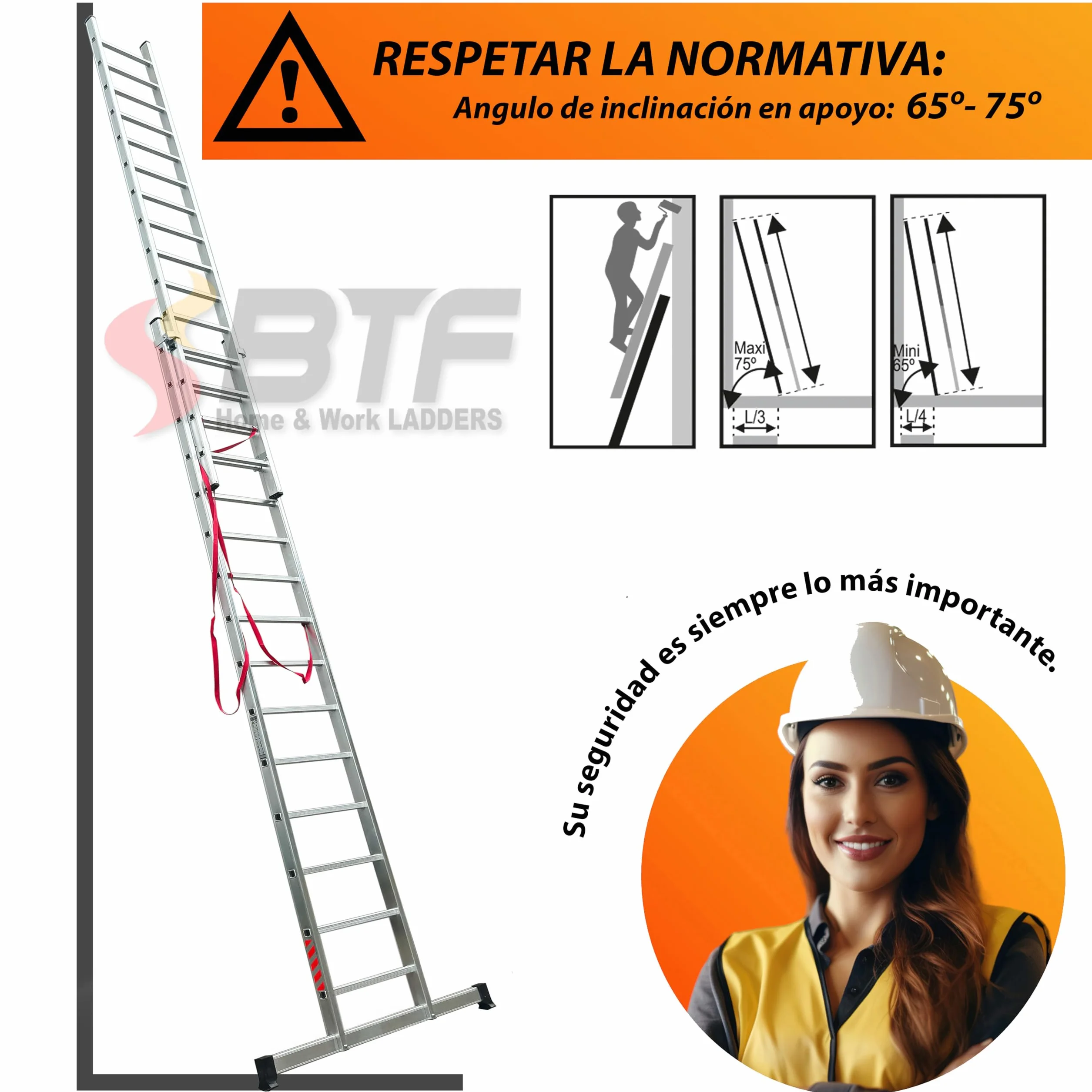 BTF | Escalera Plegable Aluminio Transformable 2 Tramos | Combinada 2 Secciones x 7 Peldaños, Escalera de Tijera y Extensible de Apoyo, Altura Apoyo 3,1m, Tijera 1,9m, Certificada EN131 Uso Doméstico