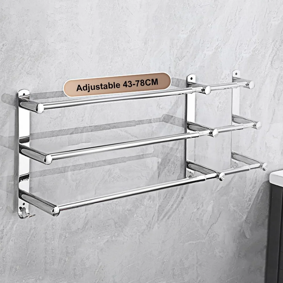 Toalleros Baño Inoxidable Toallero Ajustable 43-78CM Toalleros Pared Barra de Toallas para Cocina, Baño, Inodoro (3 Capas, Plata)