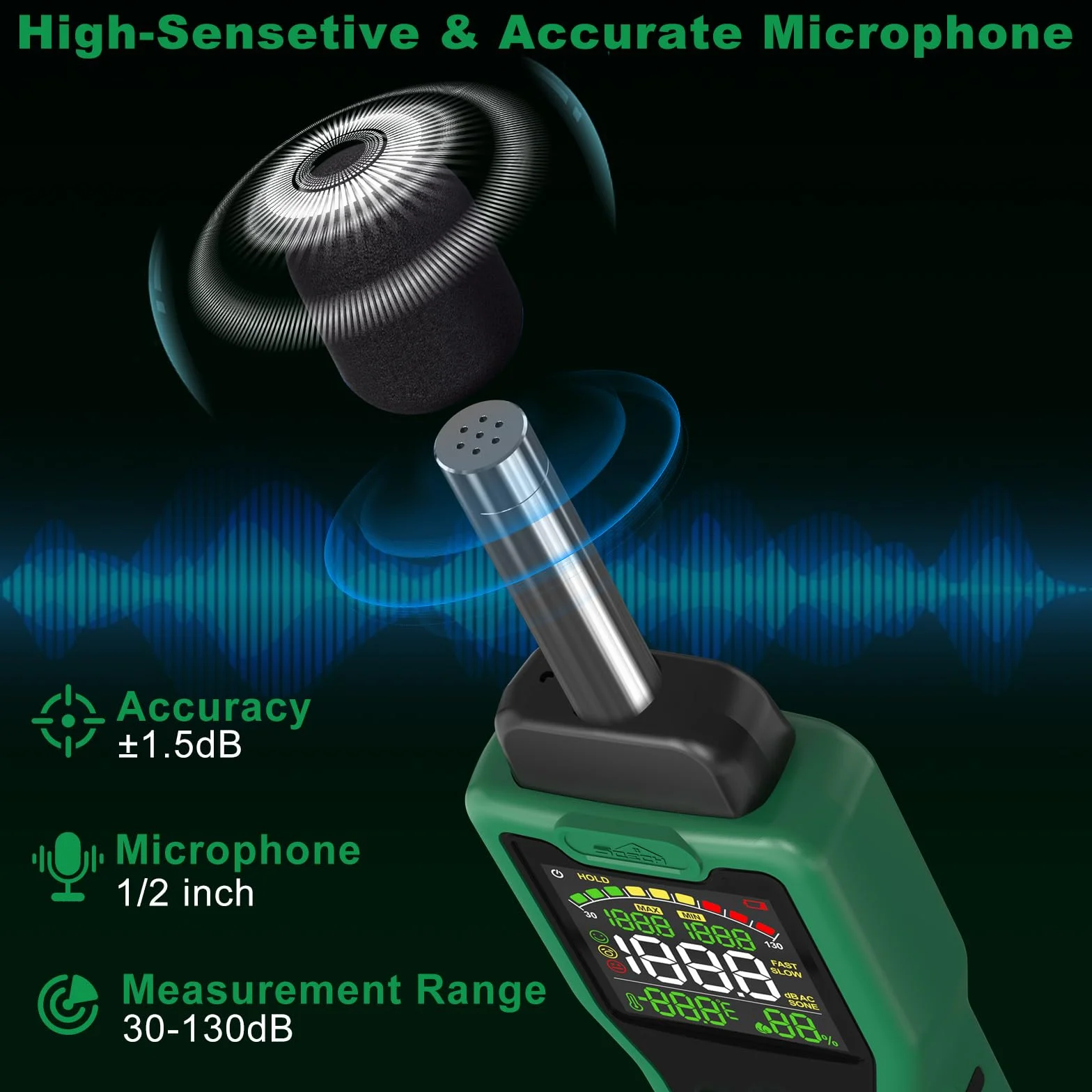 Sonometro Medidor de Decibelios SQECH 30-130dB, Ponderation A/C, dB/SONE, Pantalla Retroiluminada Color