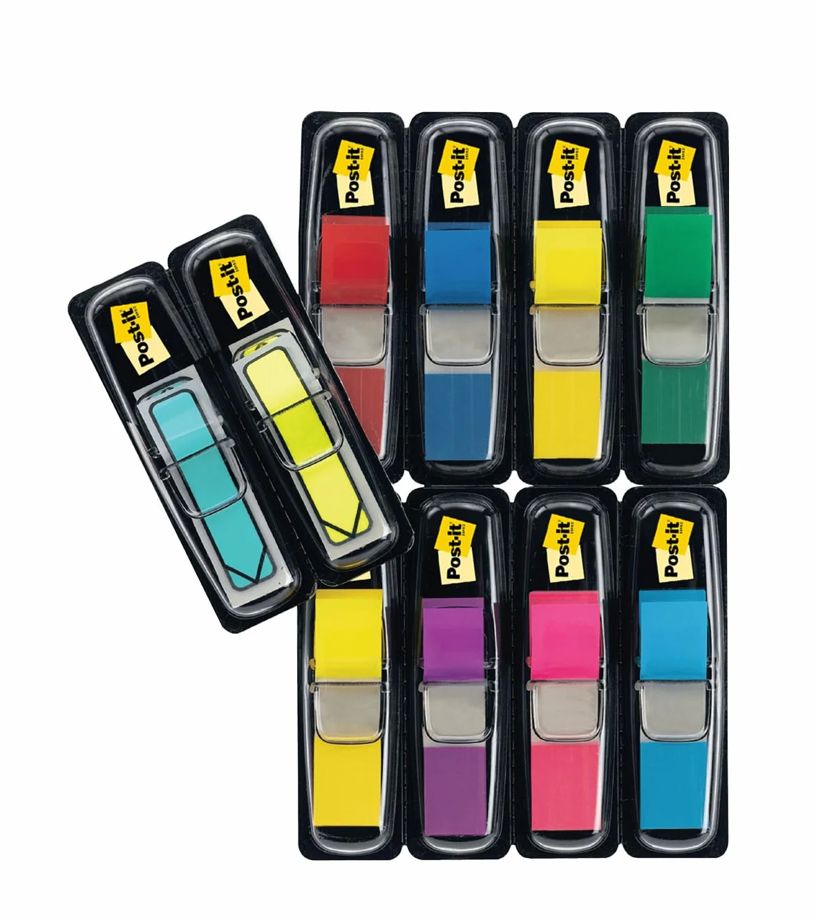 Post-It Marcadores Adhesivos Pequeños, Paquete de 8 + 2 Index Flecha, 328 Banderitas, 11.9x43.2 mm, Amarillo, Rojo, Verde, Azul, Morado, Rosa, Marcapáginas Para Señalar, Resaltar o Colorear