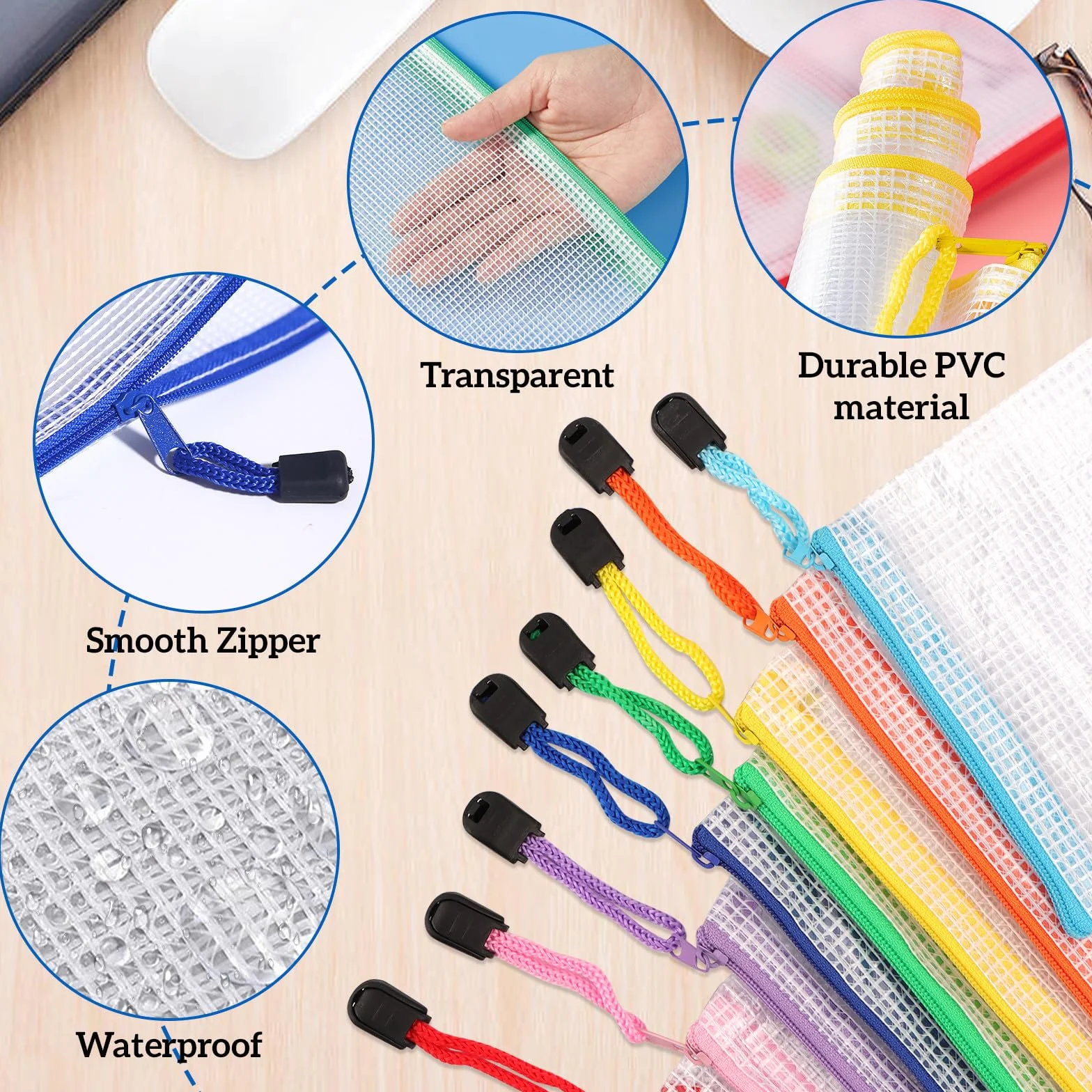 Bolsas para documentos impermeables con pegatinas, bolsas de malla con cremallera, multicolor, 8 tamaños