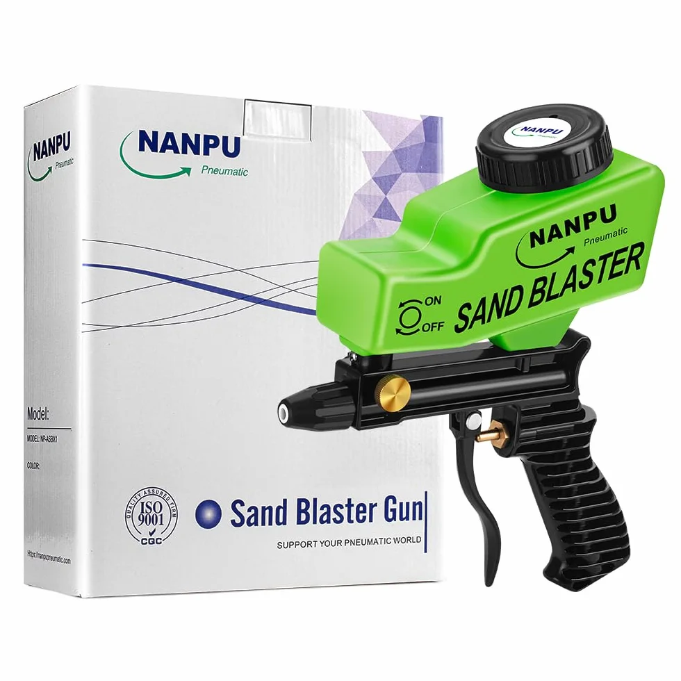 NANPU Kit de pistola de chorro de arena de aire ligero con alimentación por gravedad, boquilla de metal, cuerpo de plástico, para preparación de superficies de proyectos pequeños, eliminación de