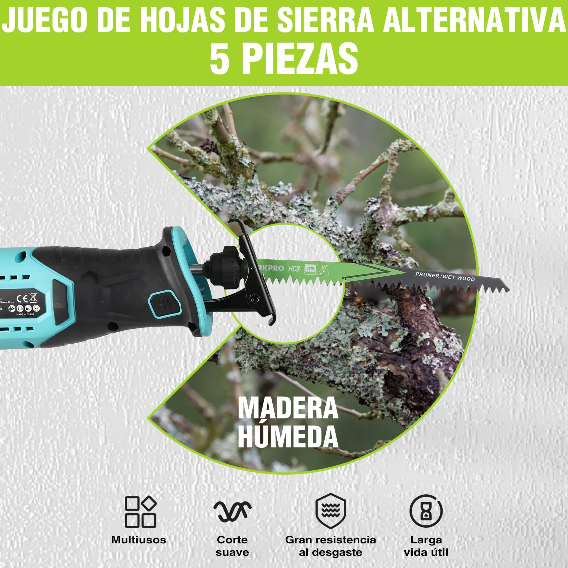 WORKPRO Hojas de Sierra Sable 5 Piezas 230 mm para Madera Poda Jardín