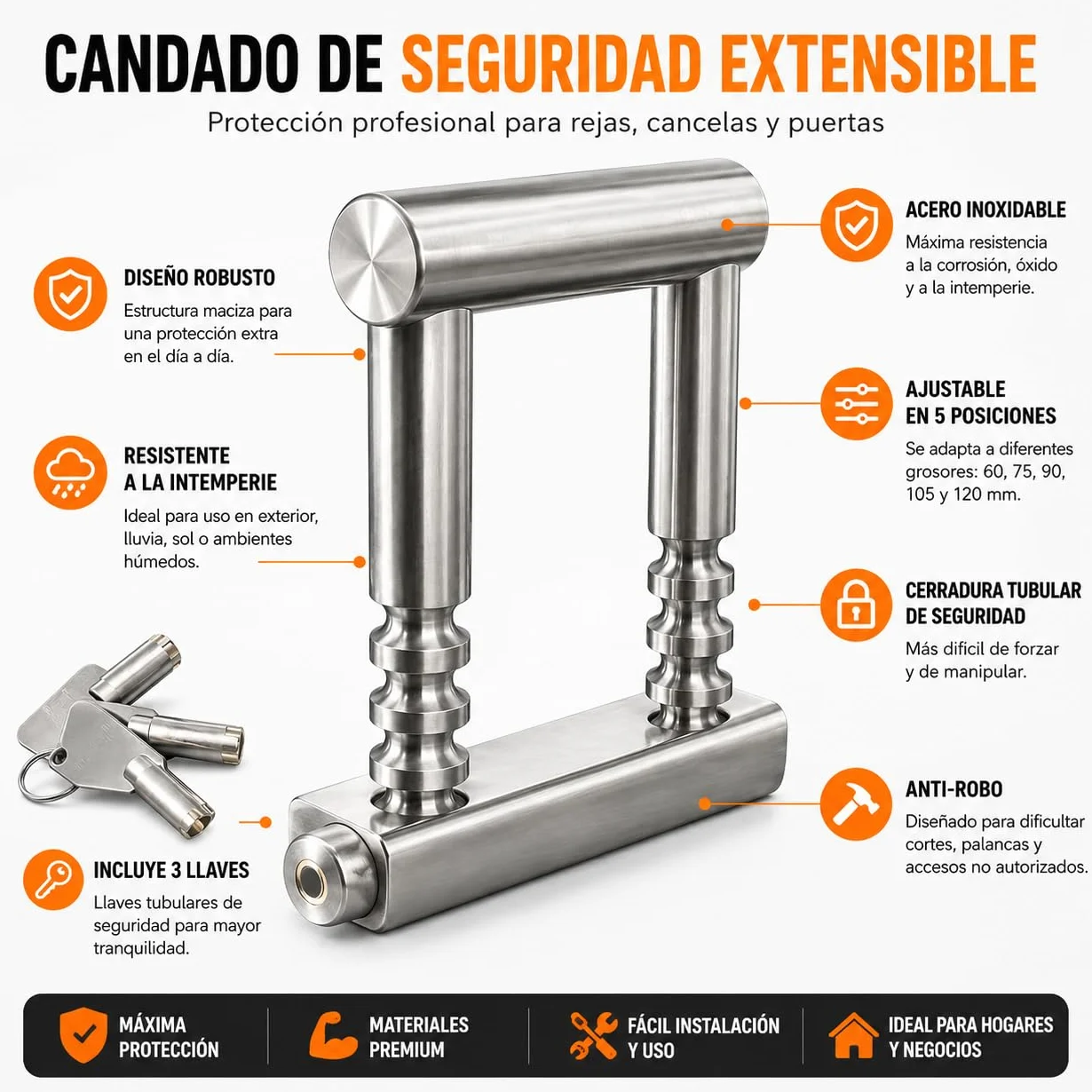 FERPASA® - Candado de Seguridad Extensible - Antirrobo para Verjas, Rejas, Cierres de Tijera, Cierres Extensibles, Cancelas, Puertas de Ballesta - Candado Grande Exterior de 5 posiciones (60-120 mm).