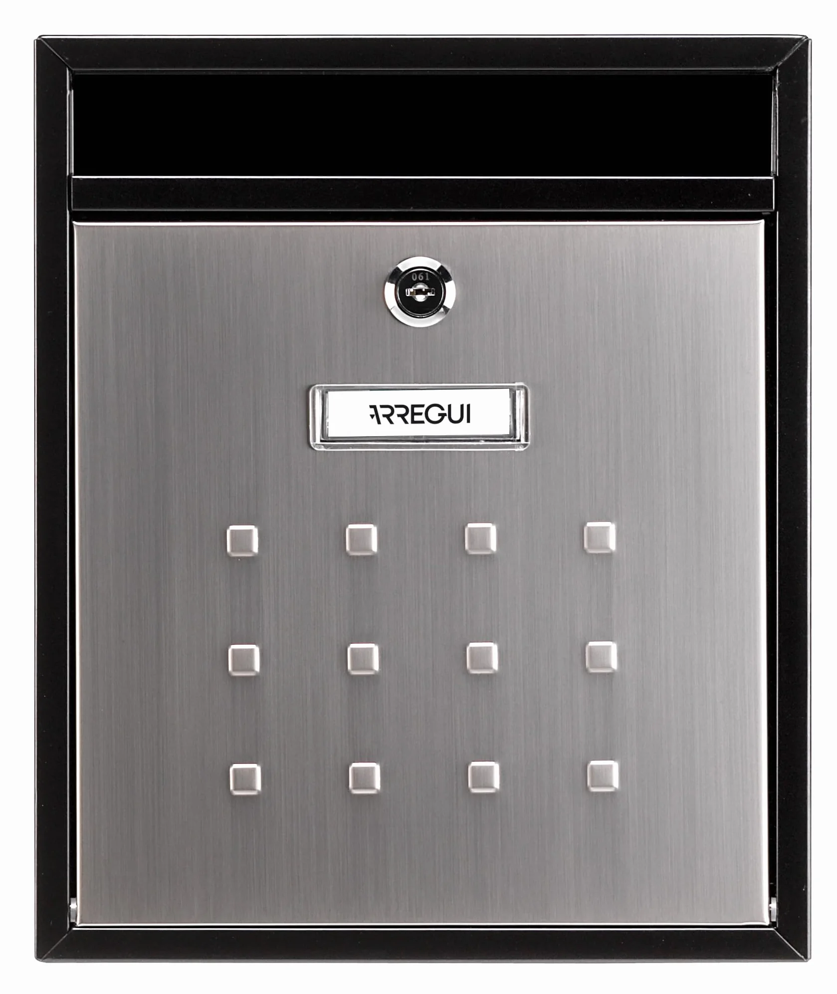 ARREGUI Mira Vertical V1305 | Buzón de Comunidad para Interior | Buzón de Correo Vertical para Portales | Cuerpo Acero Lacado Negro Puerta Acero Inox | Capacidad DIN A4 | Cerradura Seguridad EN 13724