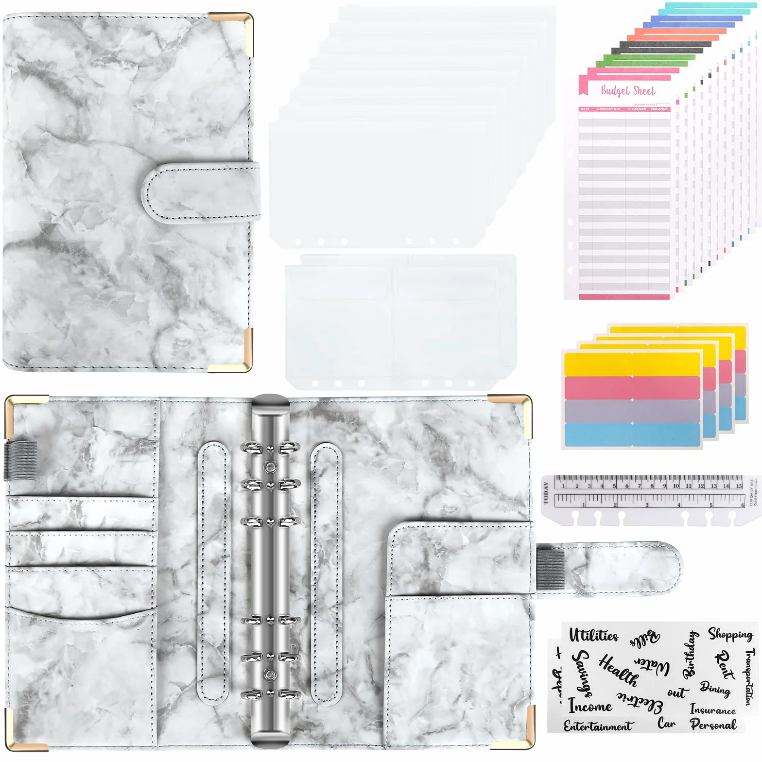 Carpeta de Cuaderno A6, Organizador de Presupuesto con Sobres de Efectivo, Cubierta de Cuero de PU, Gris