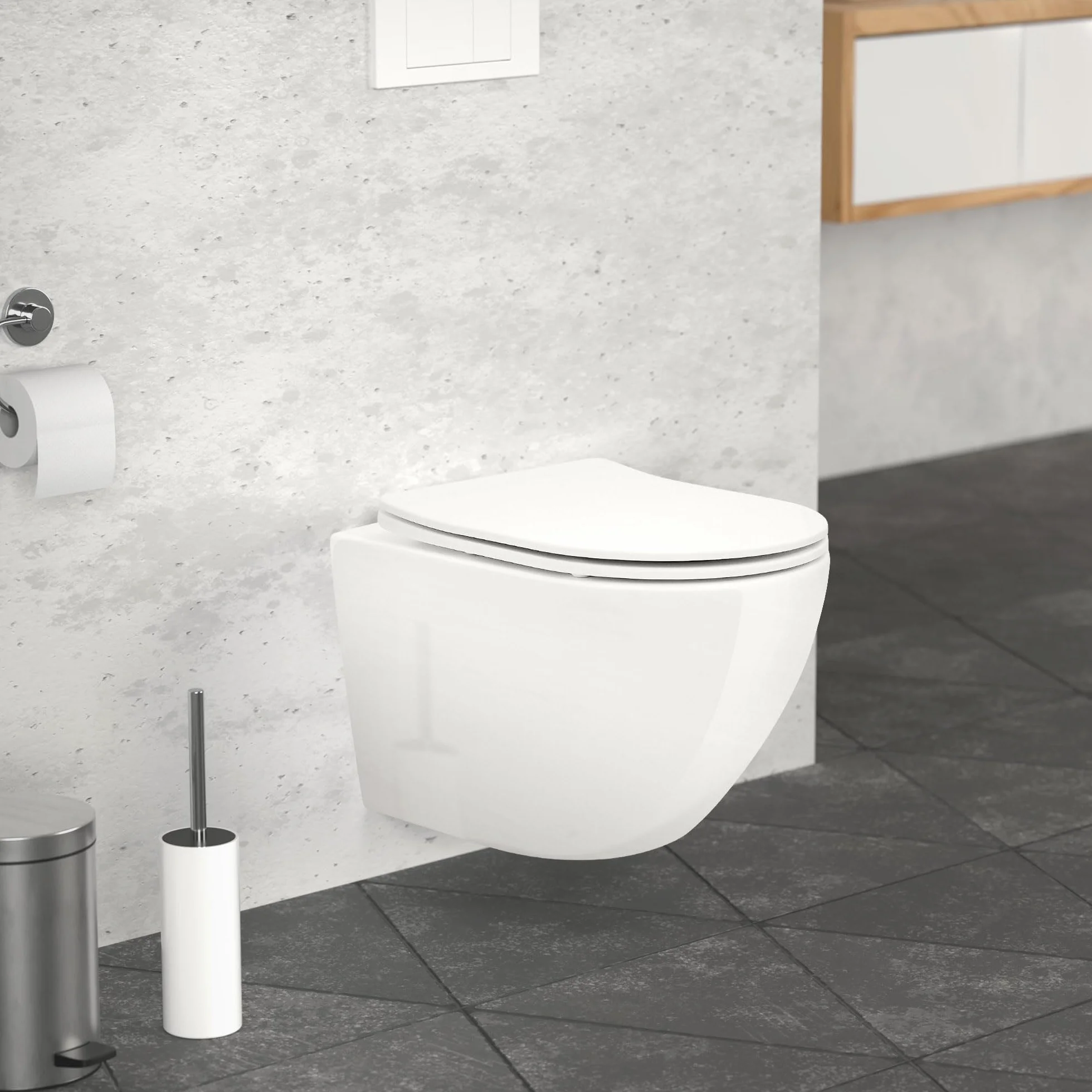 LuxeBath WC Suspendido Blanco Brillante de Cerámica sin Borde, Inodoro Colgante Corto de 49cm con Nanorecubrimiento, Descarga Profunda de Tornado para Baño Estilo modenro, Wáter con Asiento Extraíble