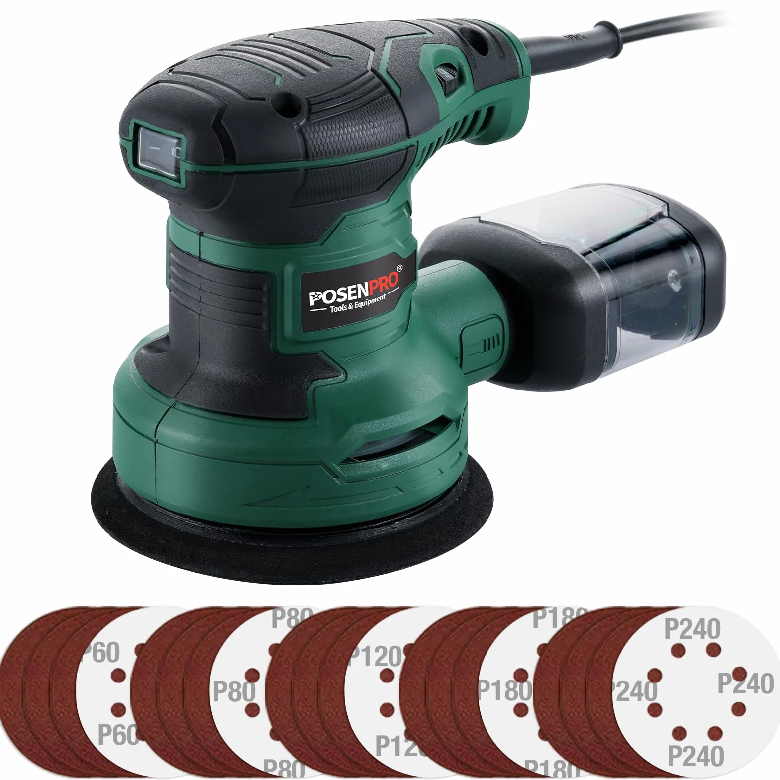 POSENPRO Lijadora Excéntrica 300W, Lijadora Orbital Aleatoria Ø125mm, 6 Velocidades, 7.000-13.000 Opm, Diámetro de Orbita 2.0 mm, 20 Hojas de Papel de Lija, Contenedor de Polvo