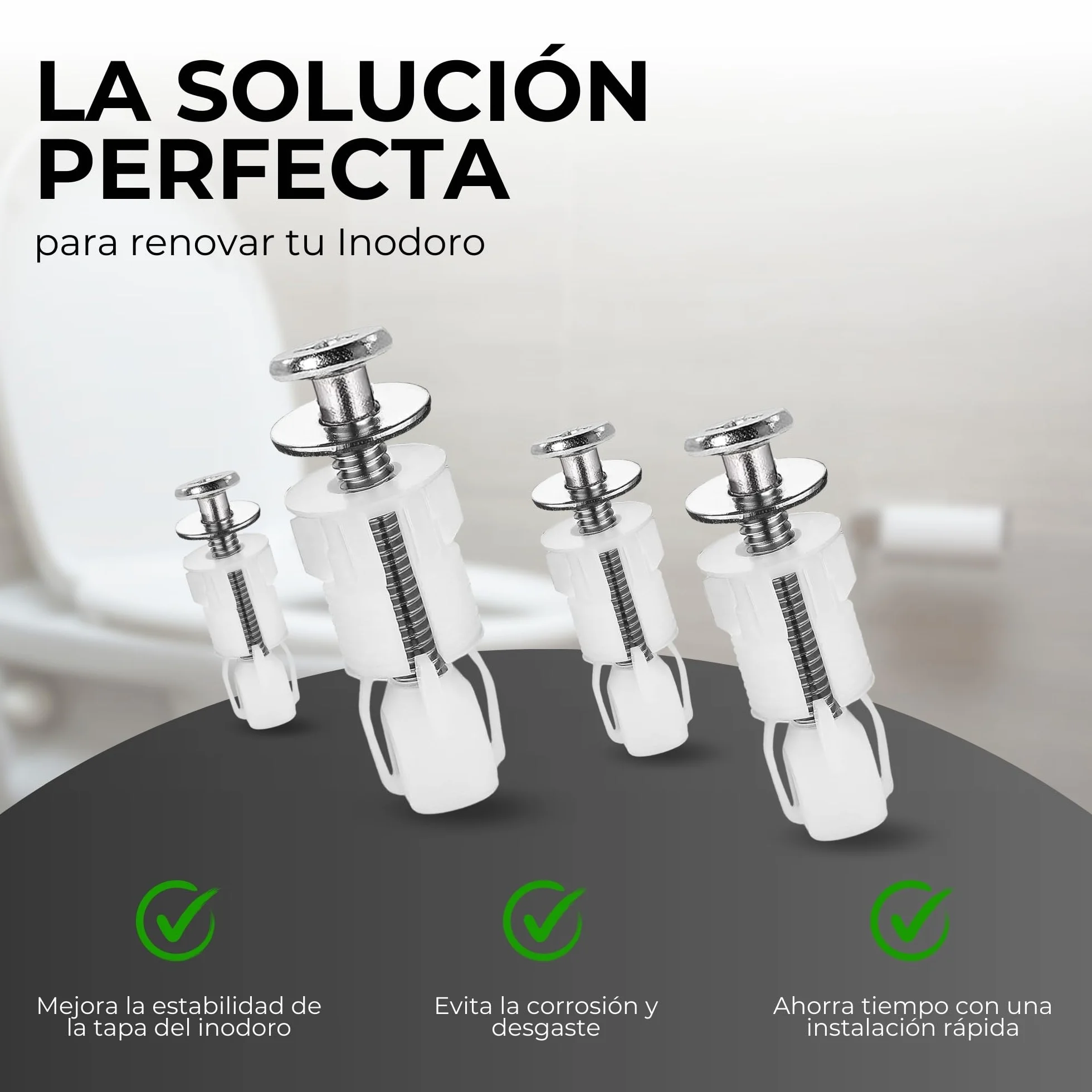 Pack de 4 Tornillos de Nailon para Asiento de Inodoro, Fijaciones Premium para una sujeción firme y duradera. Renueva las Bisagras de tu WC con confianza.