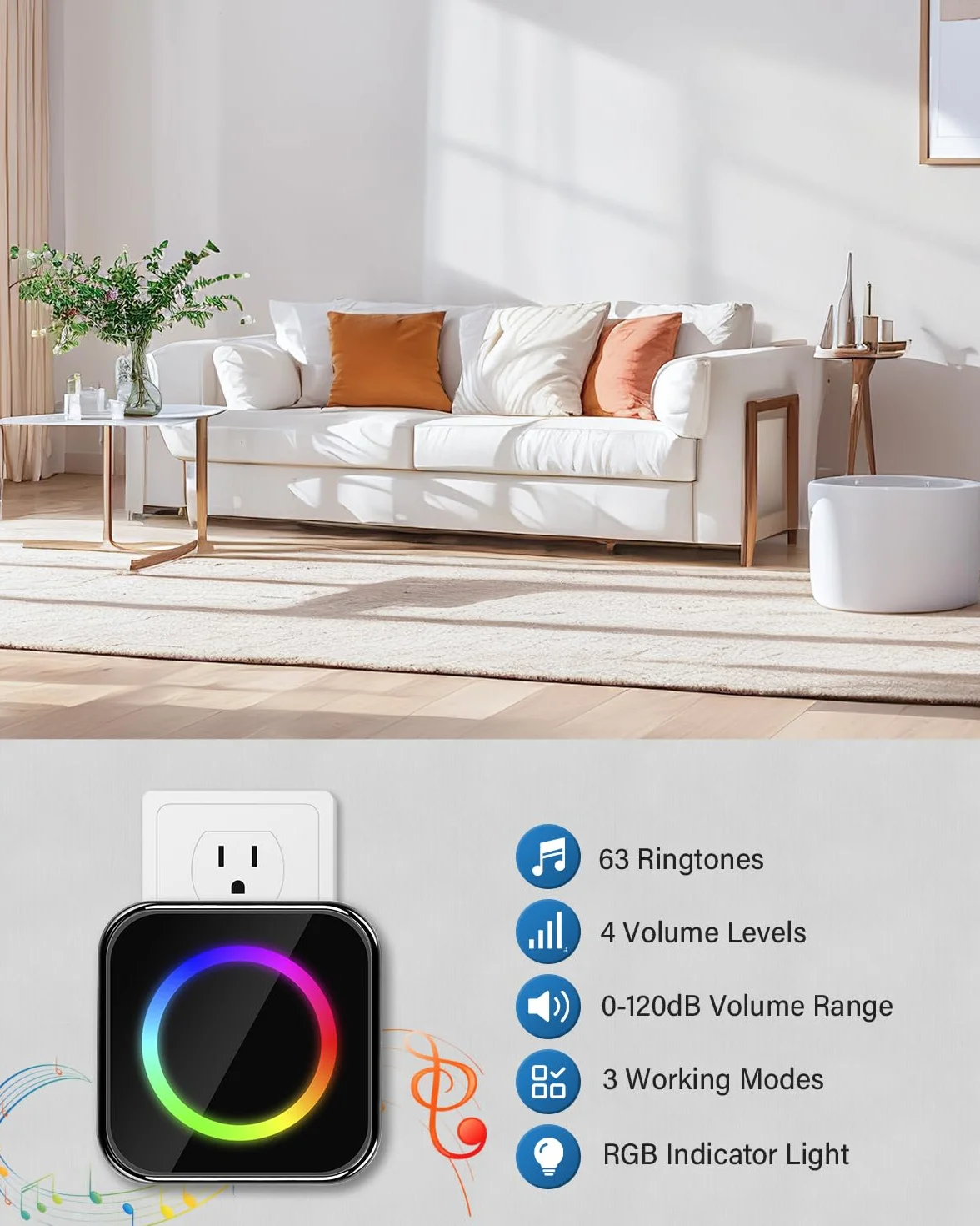 Timbre Inalámbrico Exterior Impermeable Largo Alcance, Wireless Door Bell 400 m LED 4 Niveles Volumen 63 Melodías 2 Receptores 1 Transmisor