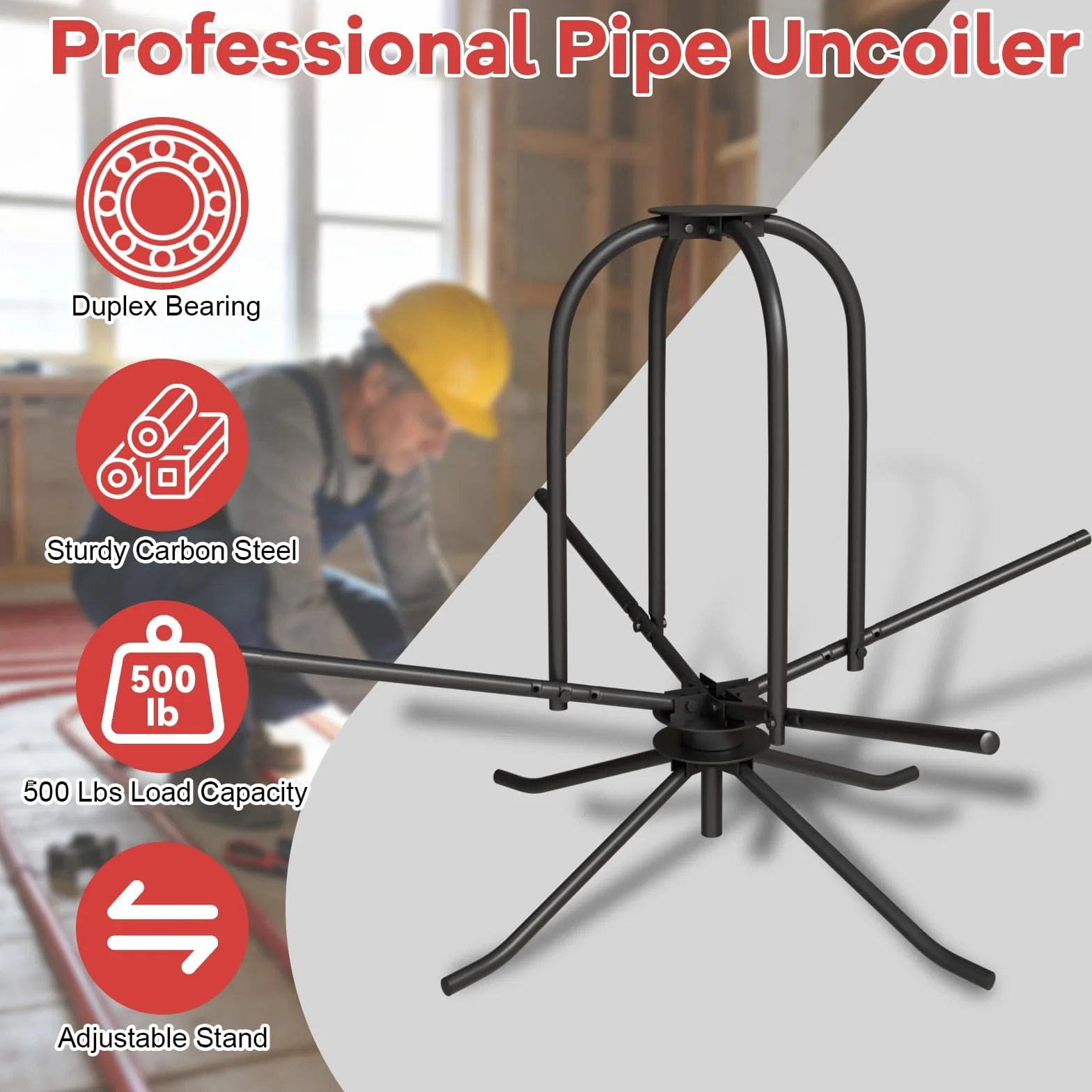 Enrollador de tubos para calefacción por suelo radiante, máx 300 kg, capacidad de carga de 600m,doble almacenado, longitud del rollo para tubos de 16 – 32 mm