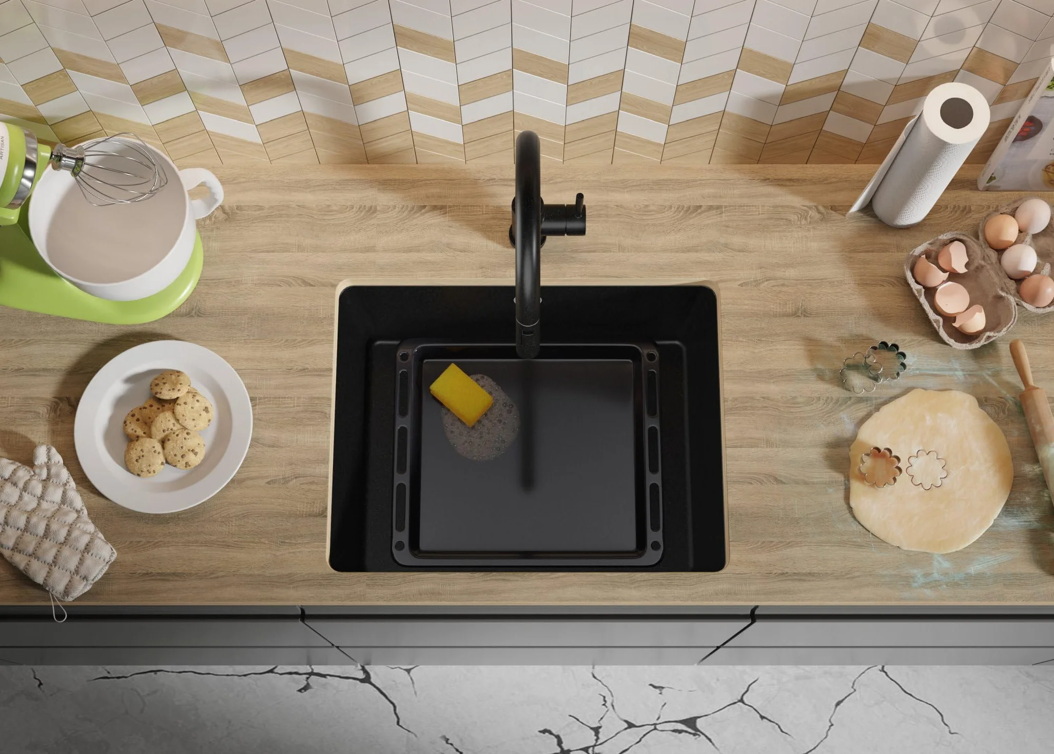 PRIMAGRAN Fregadero bajo Encimera Todo Negro 56x44cm, Cocina 1 Seno + Sifón, Granito al Mueble 60cm - Venecia Easy S067