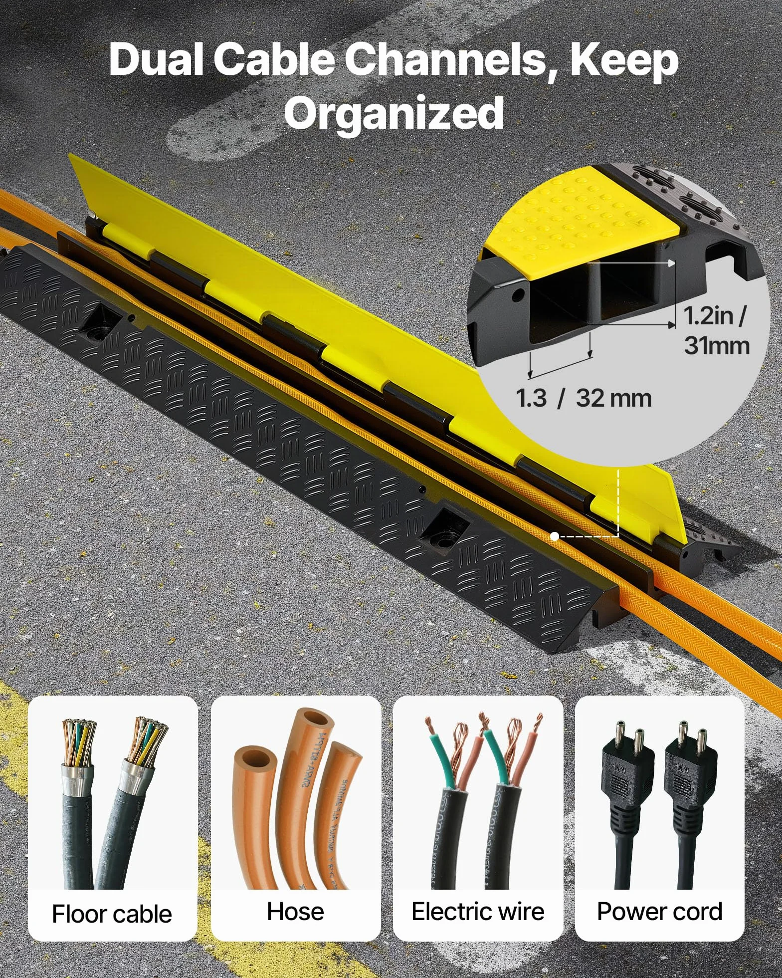 VEVOR Protector de Cables para Suelo de 2 Canales 32 x 31 mm Rampa de Protección de Cable 9979 kg Caucho