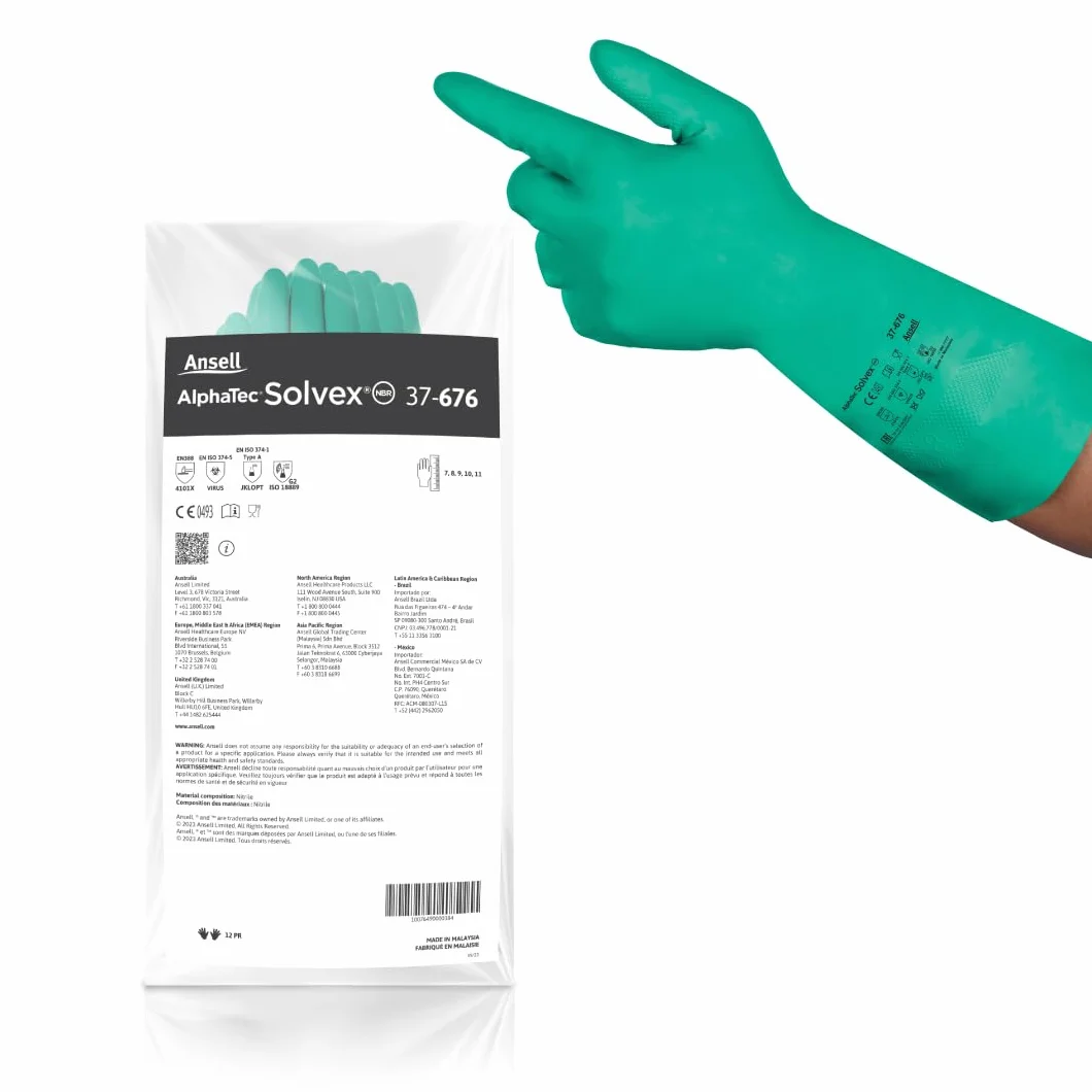 Ansell AlphaTec 37-676 Guantes Nitrilo Reutilizables, Protección Química y Mecanica, Manipulación Alimentos, Guante Trabajo Impermeables Hombre Mujer, Verde, Talla L (12 Pares)