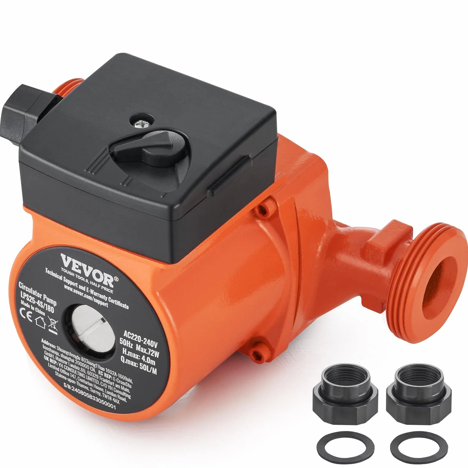 VEVOR 72 W Bomba de Recirculación de Agua Caliente Bomba de Circulación 50 L/min, Bomba de Circulación de 3 Velocidades Altura Máxima de Descarga 4 m para Sistema de Calentador de Agua Doméstico