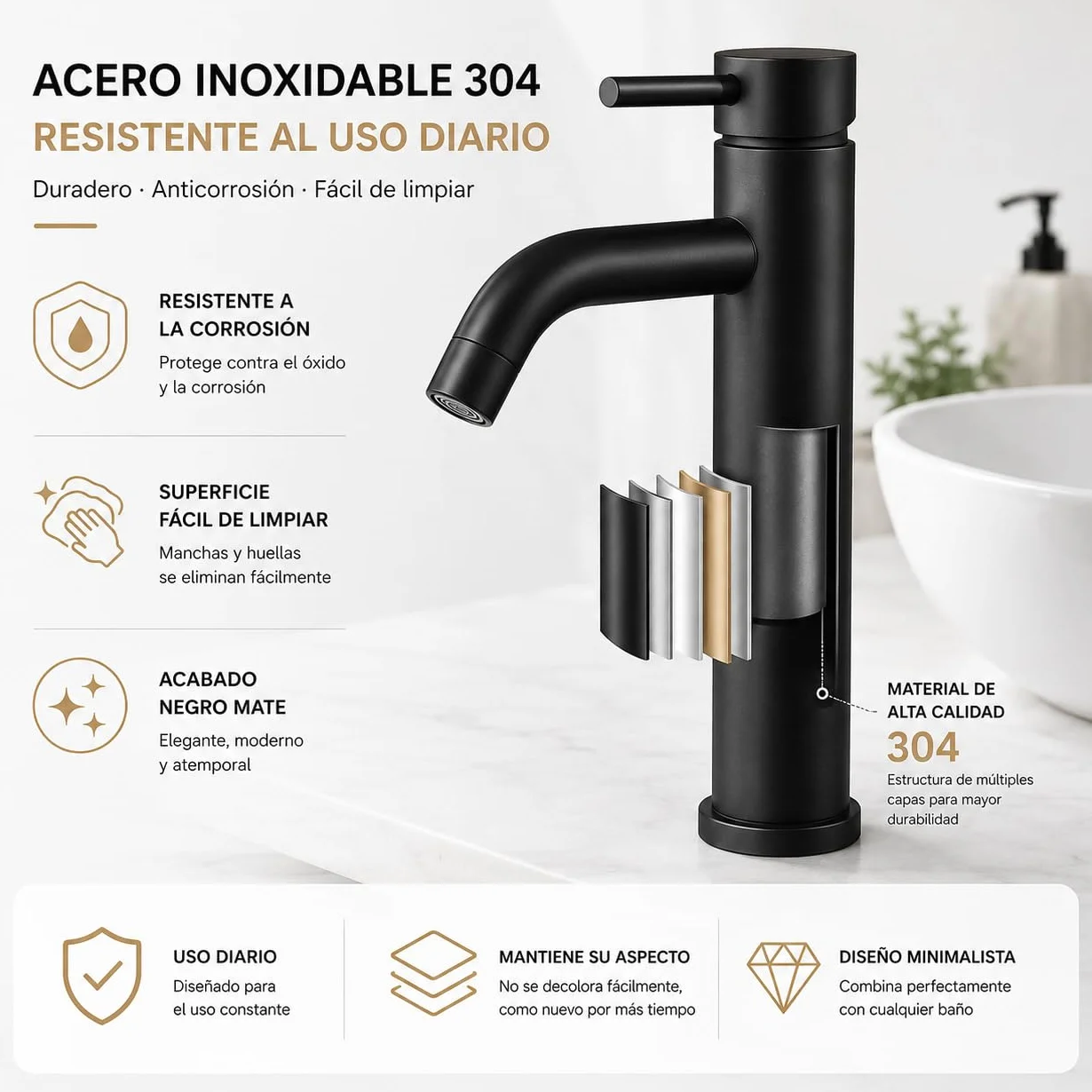 Grifo de Lavabo Alto Monomando para Baño, Acero Inoxidable, Acabado Negro Premium Resistente al Desgaste, Diseño Moderno y Minimalista(ALTO NEGRO)