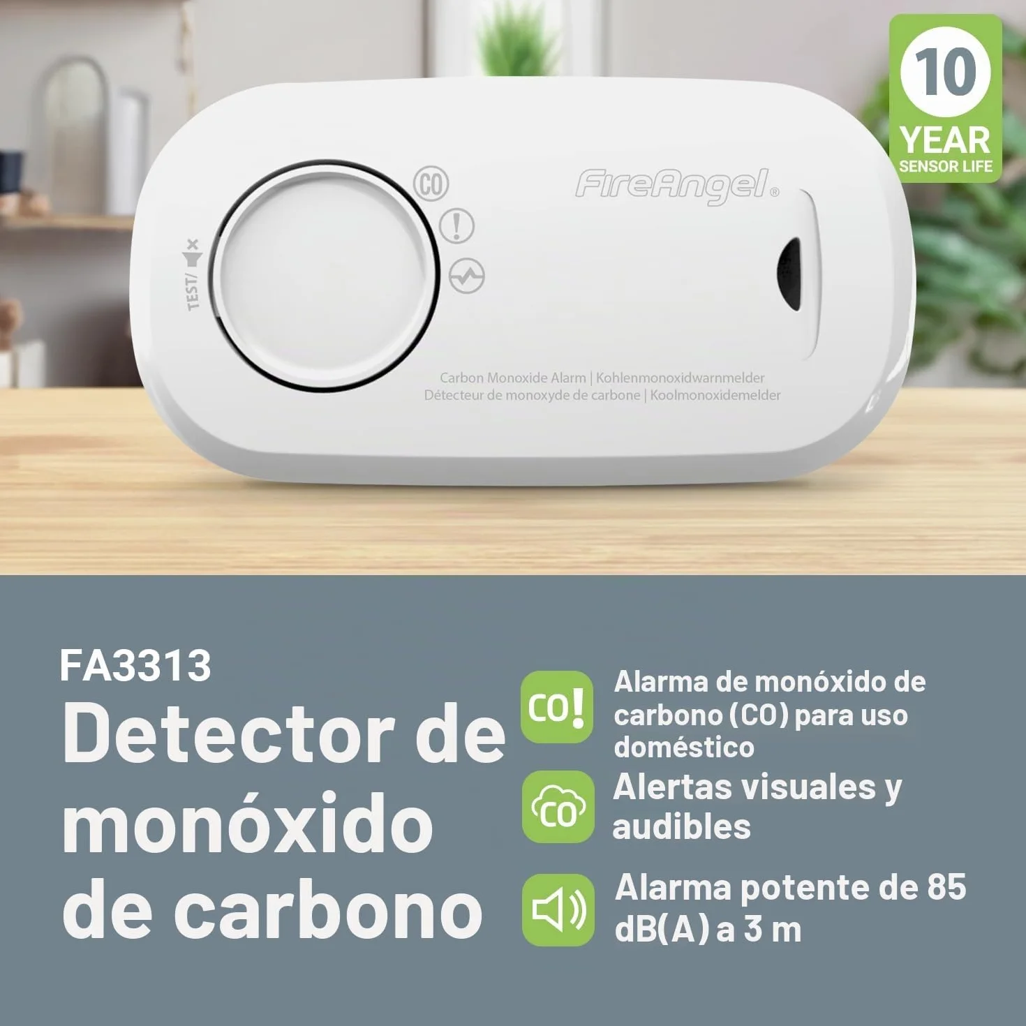 FireAngel Detector de Monóxido de Carbono con Sensor – Alarma de CO Portátil para Hogar y Vacaciones - Monitorea Monóxido Carbono - FA3313, Blanco