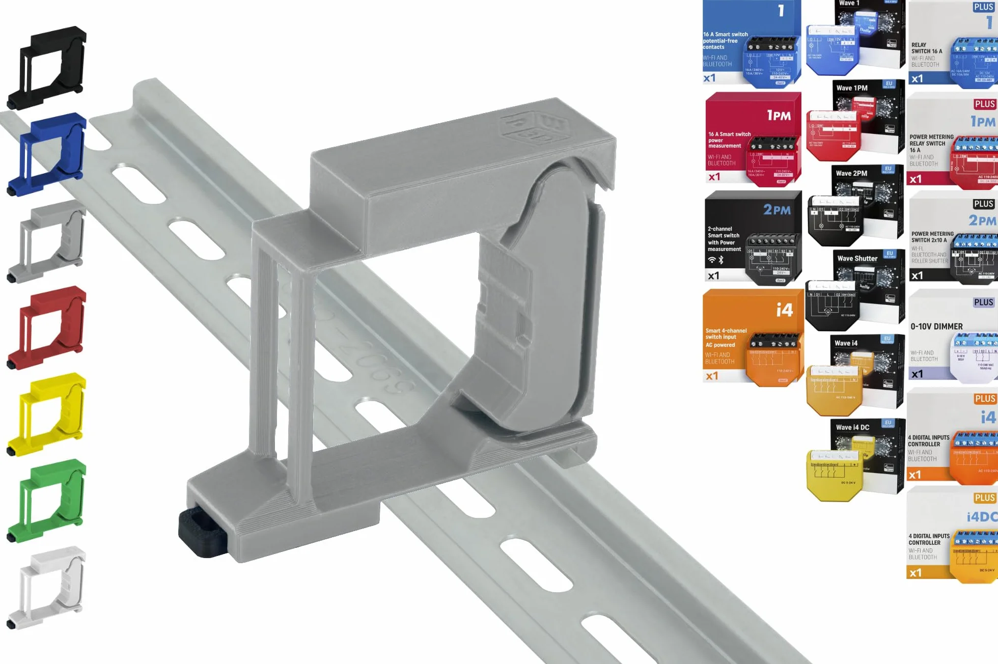 Soporte de carril "Single" para 18 Shellys: 1 Gen3, 1PM Gen3, 2PM Gen3, i4 Gen3, Plus 1, Plus 1PM, Plus 2PM, Plus i4, Plus 0-10V Dimmer, Wave 1, Wave 1PM, Wave 2PM, Wave Shutter, Wave i4 (Gris)