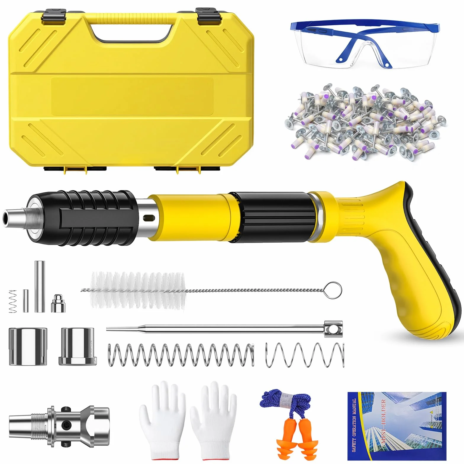 Pistola de Clavos, Pistola de Clavos para Hormigón Manual con 100 Clavos de Fijación, 5 Niveles de Potencia Regulables, Eyección Automática de Residuos, Clavadora Beton para Pared, Ladrillo