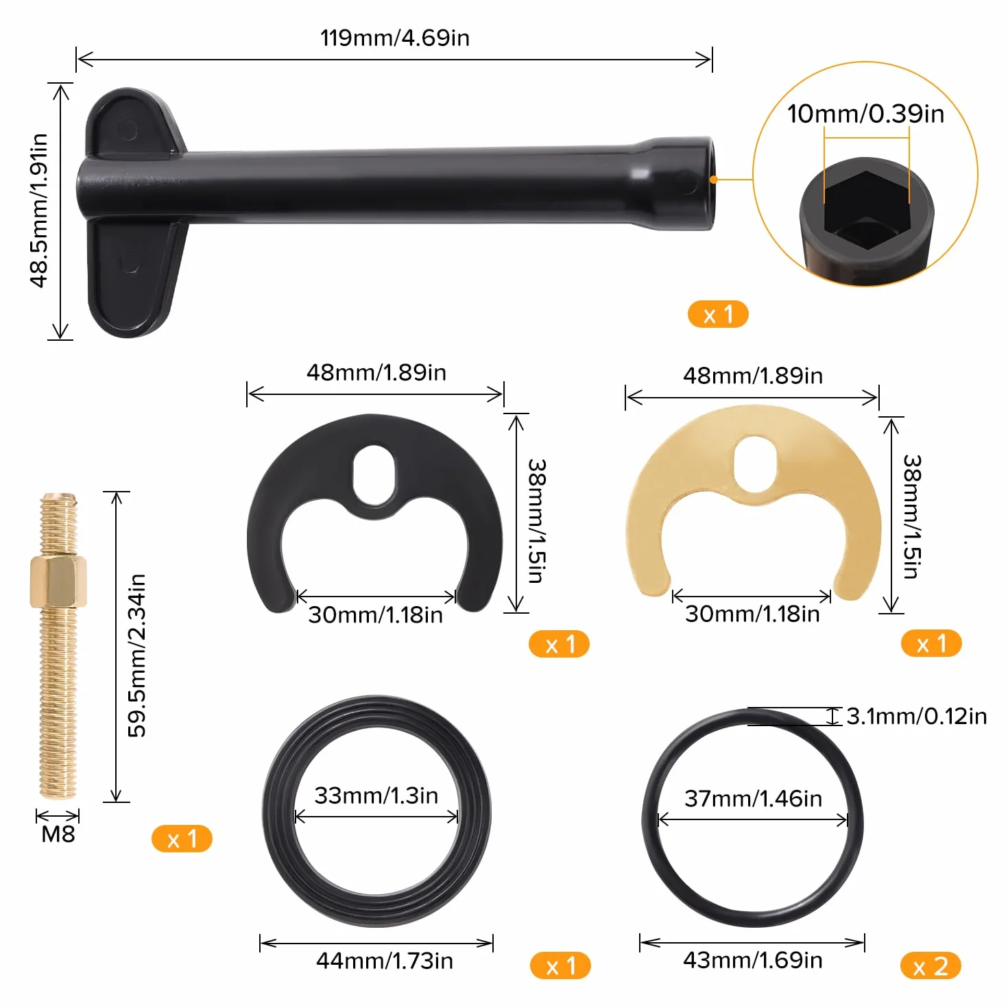 M8 Kit de Fijación de Grifo Monobloque, Fijación Grifo un Solo Orificio, con Llave Inglesa, para Cocina Baño Lavadero, Dorado