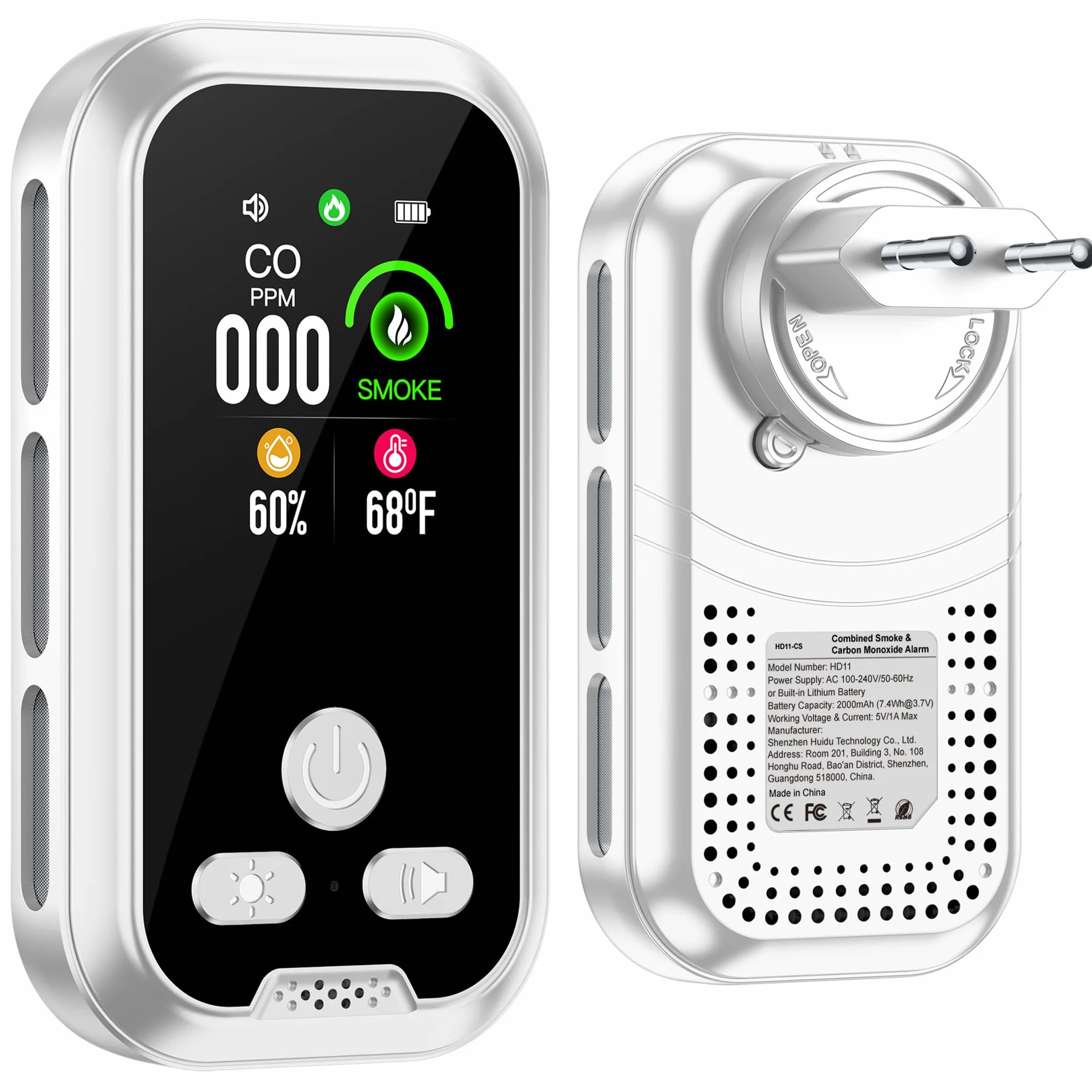 Plug in 4in1 Detector de Humo & Monoxido de Carbono Combinación con Batería de Respaldo 2000mAh 2.1‘’ HD Pantalla [CO Humo Humedad Temperatura Sensores] para de Casa (DH11-CS, Blanco)