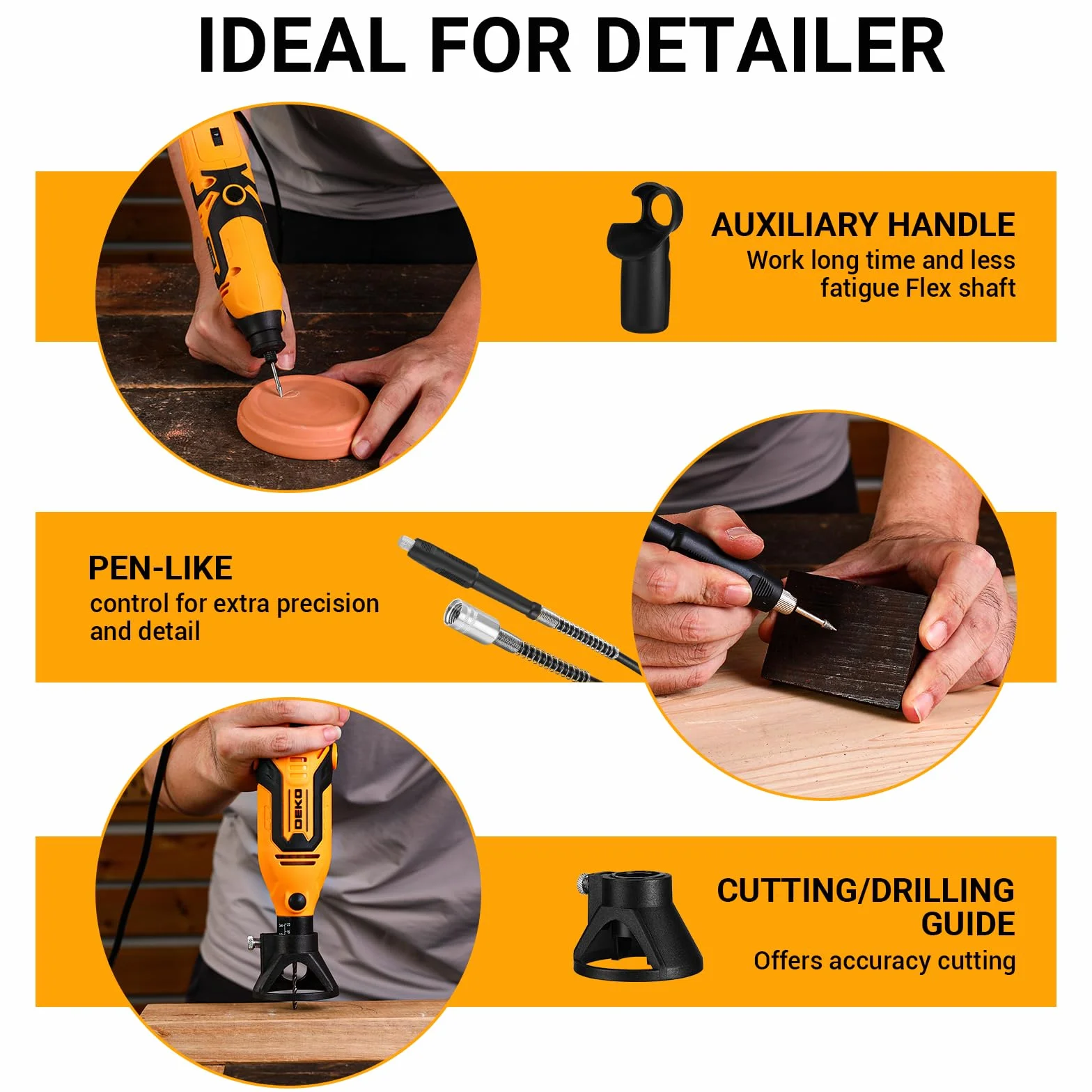 Mini amoladora rotativa multiusos: DEKOPRO 170 W, kit de accesorios 127, velocidad variable 8000-35000 rpm - Herramienta multiusos para cortar, taladrar, pulir, limpiar, Amarillo
