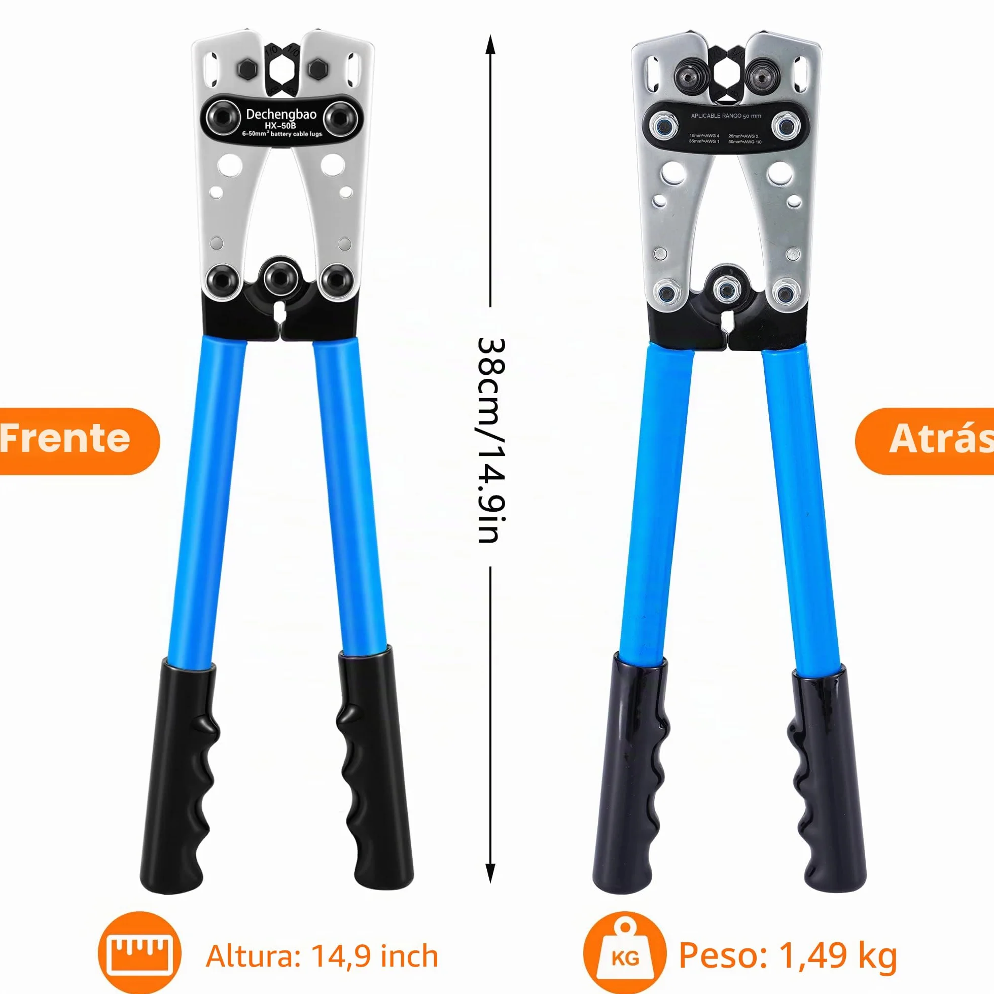 HX-50B - Herramientas de crimpado de lengüeta de cable de batería, alicates manuales para electricista de 6 a 50 mm² (AWG 8-1/0) con placa de metal gruesa y reforzada (HX50B Crmper + 60 terminales de