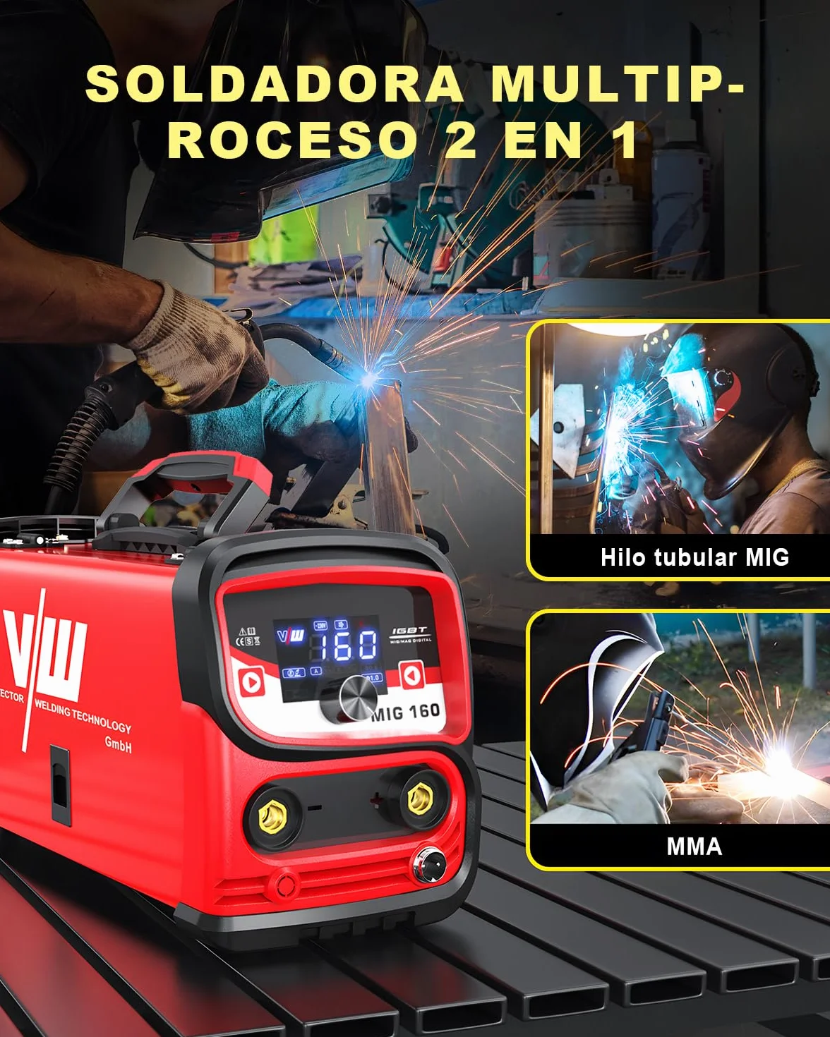 VECTOR WELDING Soldador Hilo Continuo Sin Gas 160 A, Soldadora Mig Mag Portátil con Pantalla LED, Soldador de Hilo sin Gas MIG/MMA para Principiantes, IGBT MIG 160A Set