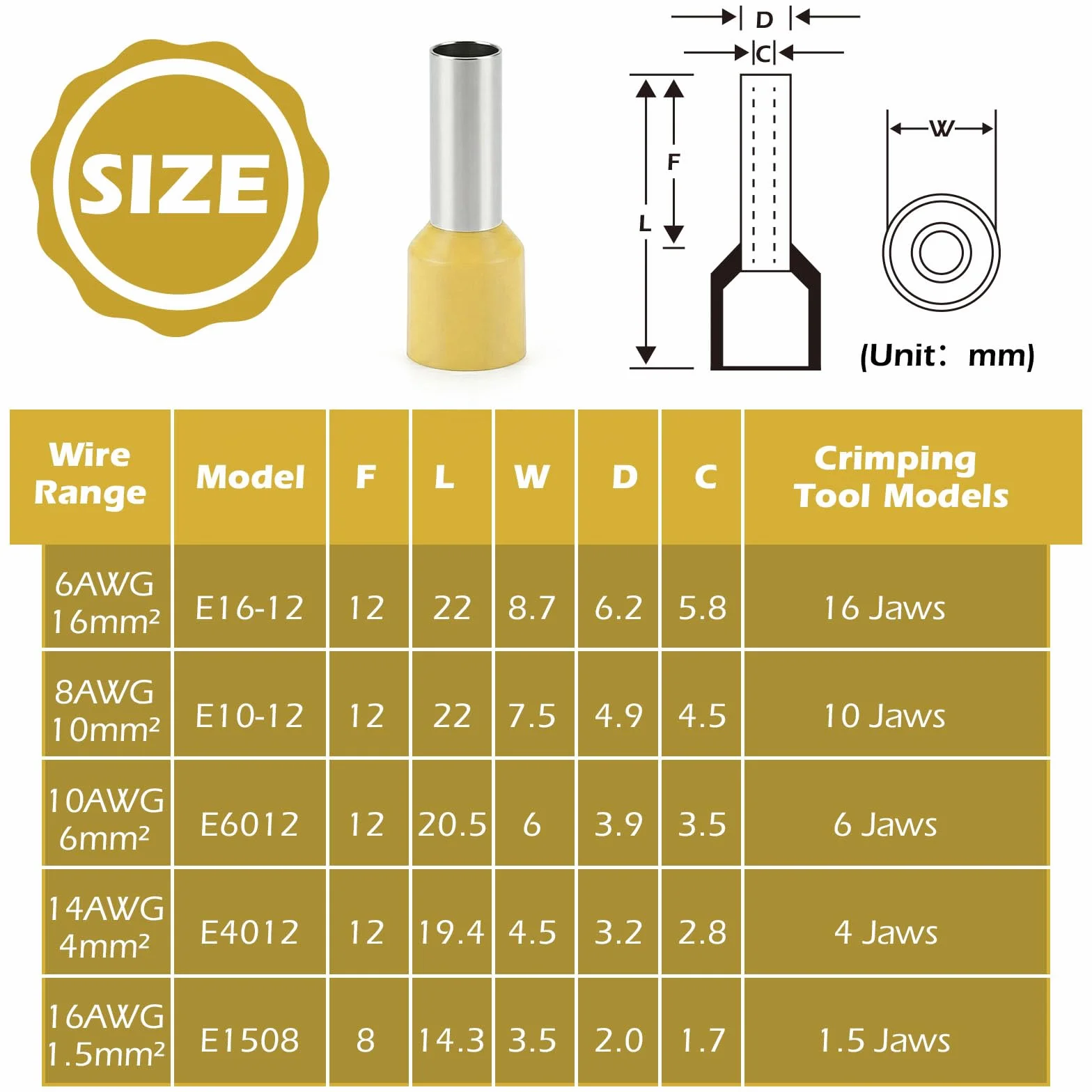 Juego de Férulas para Cable 6mm²x12mm, Terminal del Extremo del Cable, Conector de Crimpado de Cobre Amarillo