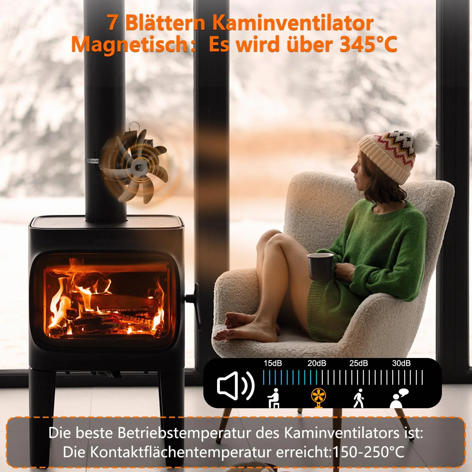 Ventilador Magnético para Estufa de Leña, Ventilador de Chimenea de 7 Aspas, Silencioso y de Bajo Consumo, ventilador de tubería con termómetro