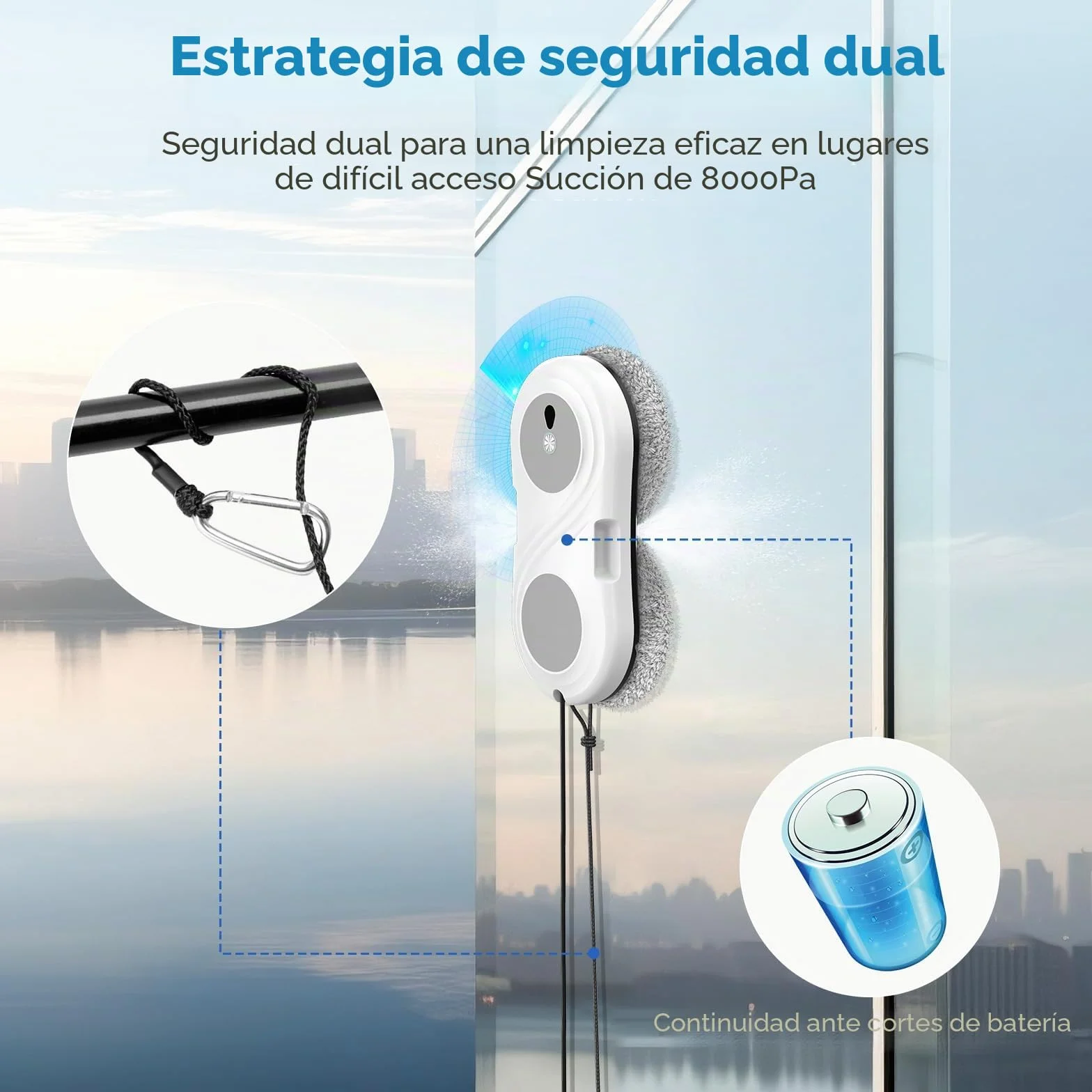 Robot Limpiacristales, 8000Pa Robot Limpia Cristales Ventanas avec Sistema de Pulverización Bidireccional, Navegación Inteligente y Seguridad Anticaídas, Mando, para Todas Las Superficies Lisas