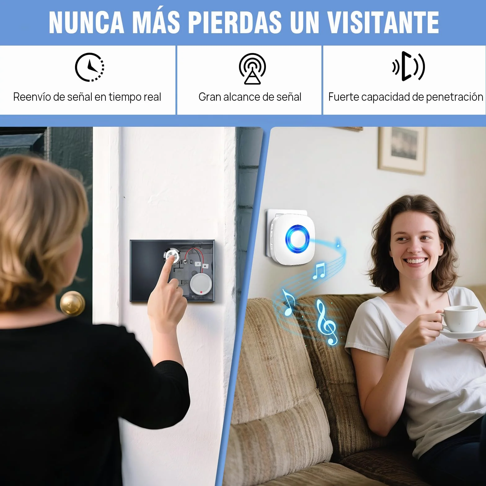 Conjunto de Extensión de Señal Inalámbrica PHYSEN, Amplificador de Timbre y Campana, Reenvío de Timbre para Timbre Existente, Timbre para Dormitorio, Ático y Sótano, 1 Repetidor de Señal 1 Receptor