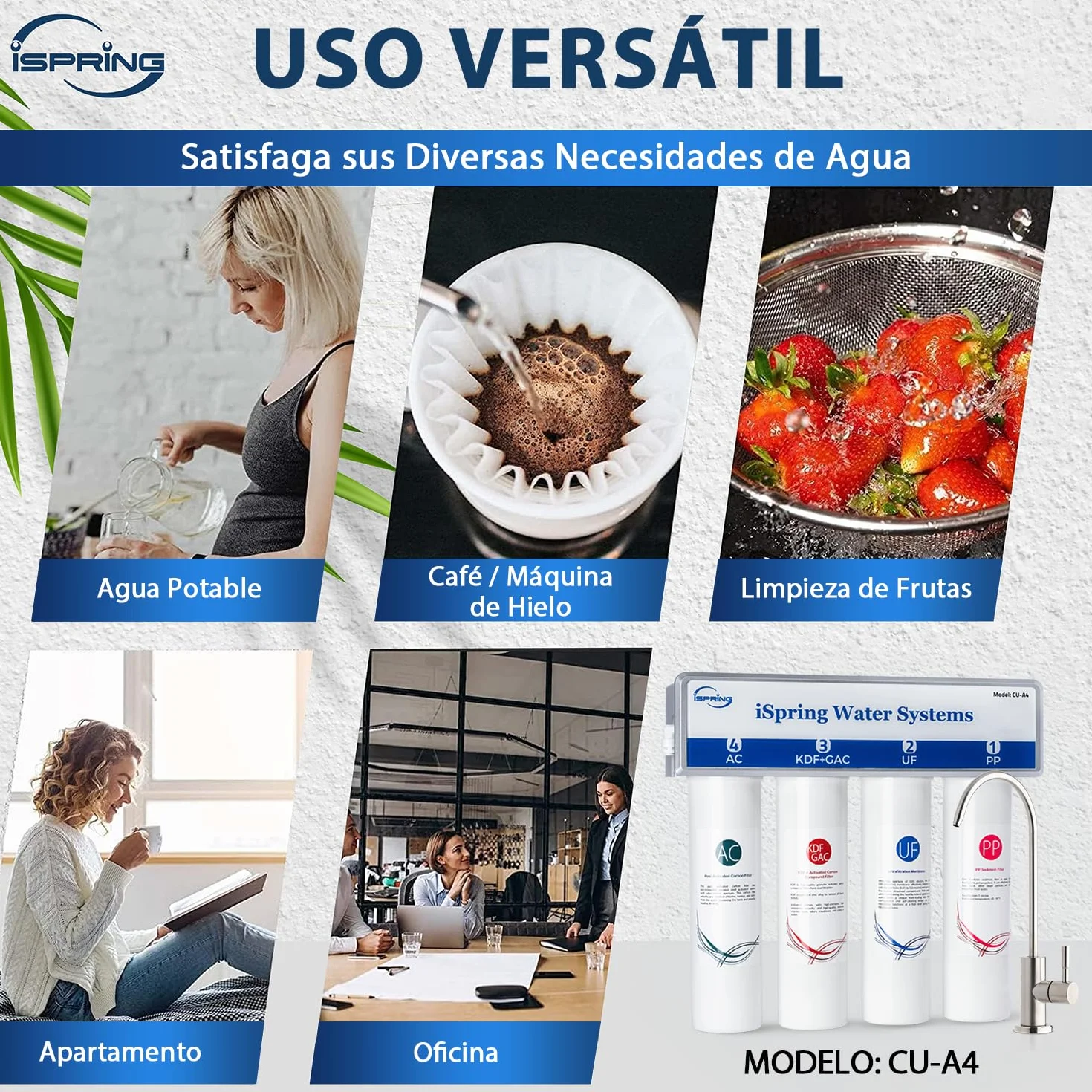 iSpring CU-A4 0.01μm Ultrafiltración Bajo el Fregadero, Sistema de Filtro de Agua, Sin Tanque, 4 Etapas, Alta Capacidad, Elimina el 99,99% de Contaminantes, Cambio Rápido, Filtro con Grifo de Cromo