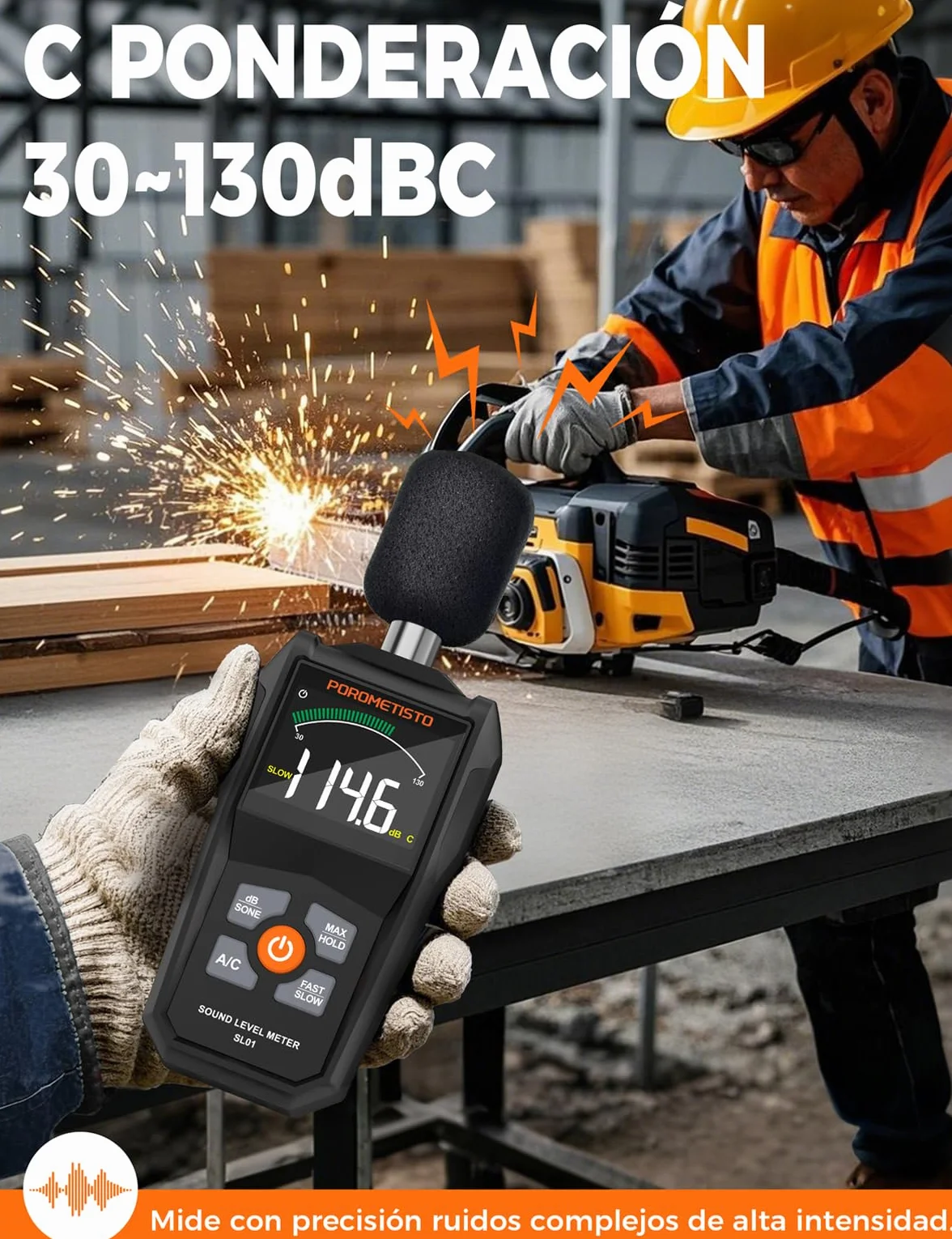 Sonómetro SL01 Medidor de Decibelios Profesional 30-130dB ±1.5dB Pantalla LCD Retroiluminación Ponderación A/C